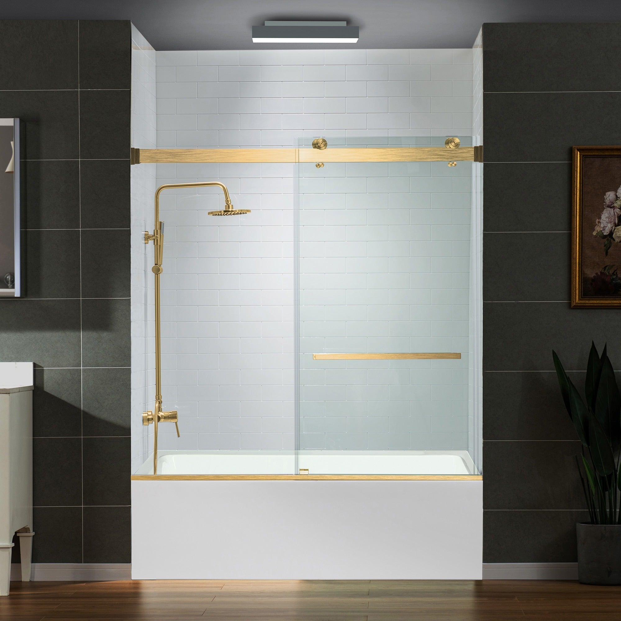 WOODBRIDGE Frameless Bathtub Shower Doors 56-60" Width x 66" Height with 5/16"(8mm) Clear Tempered Glass Double Sliding with Side Seal Strips, DDS-6066
