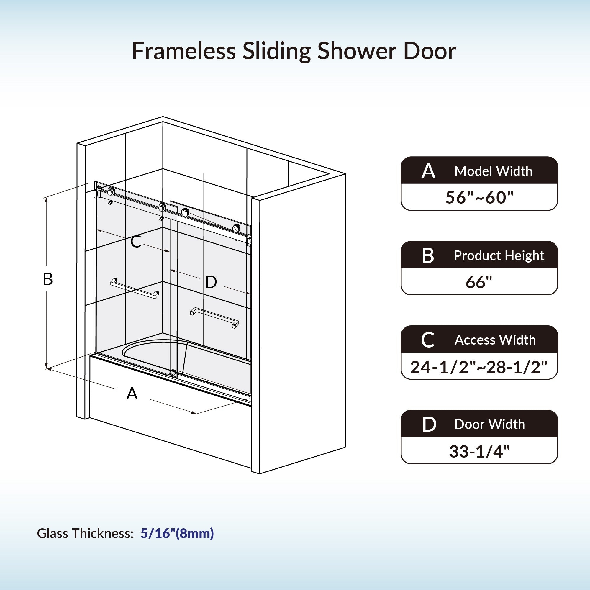 WOODBRIDGE Frameless Bathtub Shower Doors 56-60" Width x 66" Height with 5/16"(8mm) Clear Tempered Glass Double Sliding with Side Seal Strips, DDS-6066
