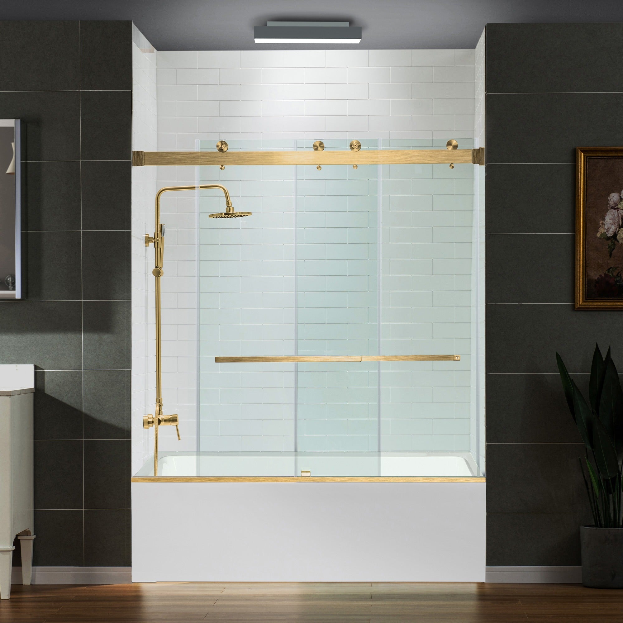 WOODBRIDGE Frameless Bathtub Shower Doors 56-60" Width x 66" Height with 5/16"(8mm) Clear Tempered Glass Double Sliding with Side Seal Strips, DDS-6066