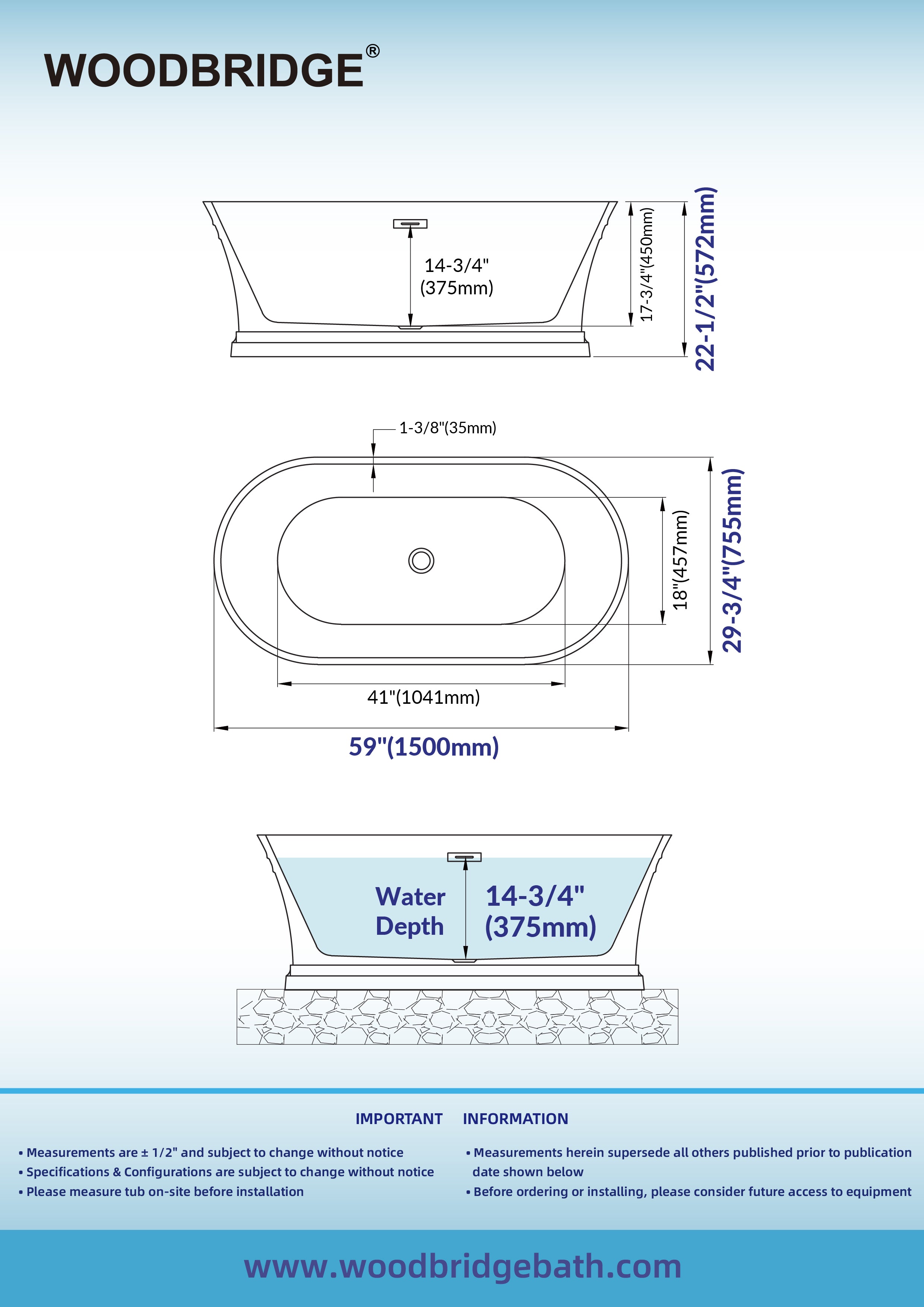 WOODBRIDGE 59" Freestanding Double Ended Acrylic Soaking Bathtub with Drain & Overflow – B1536