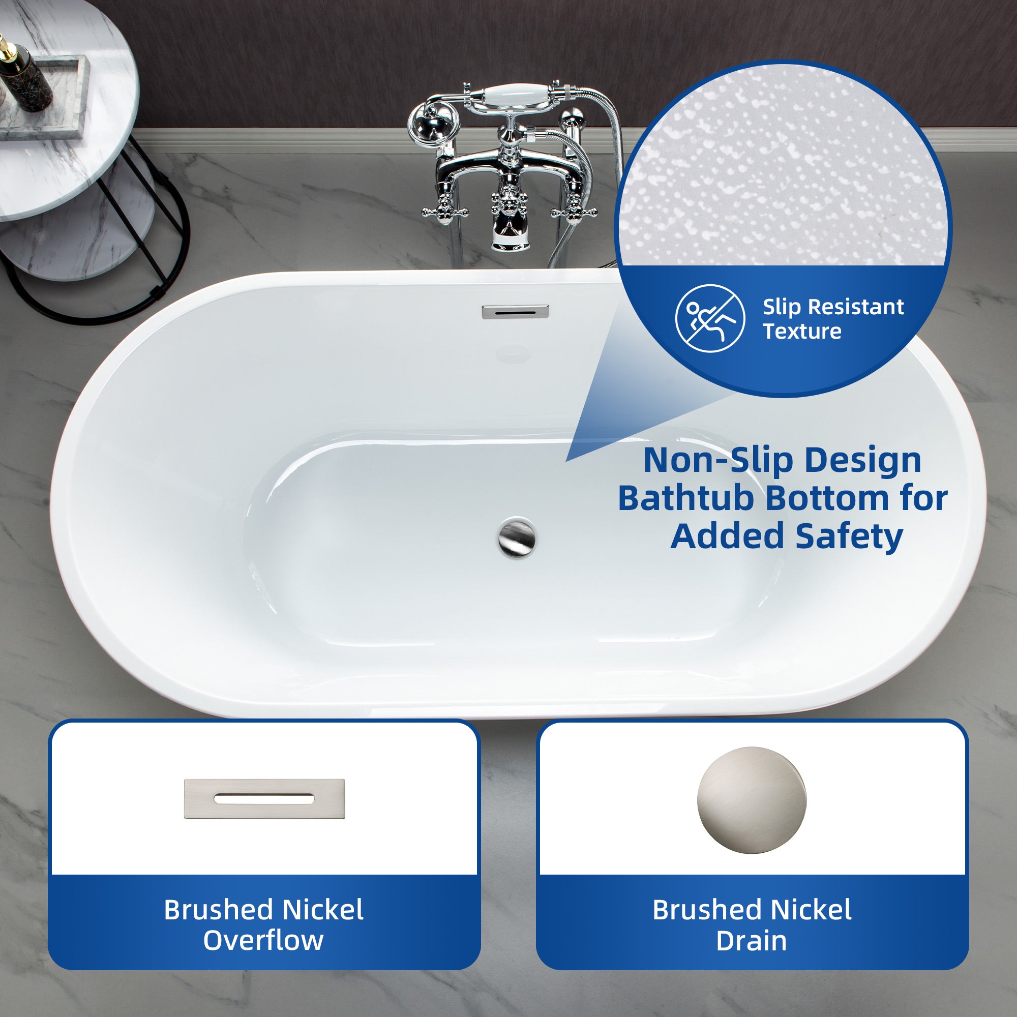 WOODBRIDGE 59" Freestanding Double Ended Acrylic Soaking Bathtub with Drain & Overflow – B1536