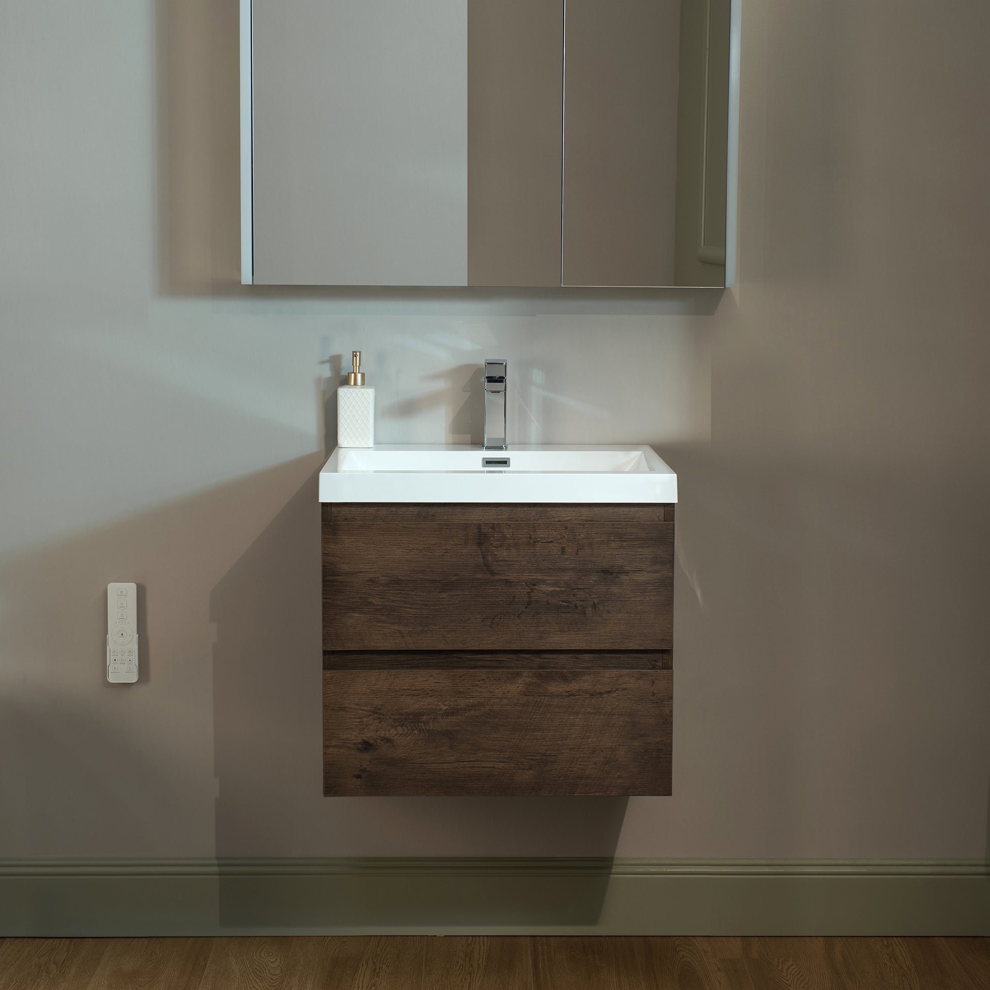 WOODBRIDGE 23-5/8 in. W x 19-5/8 in. D Wall Mounted Floating Vanity in Rose Wood with Resin Composite Vanity Top in Glossy White
