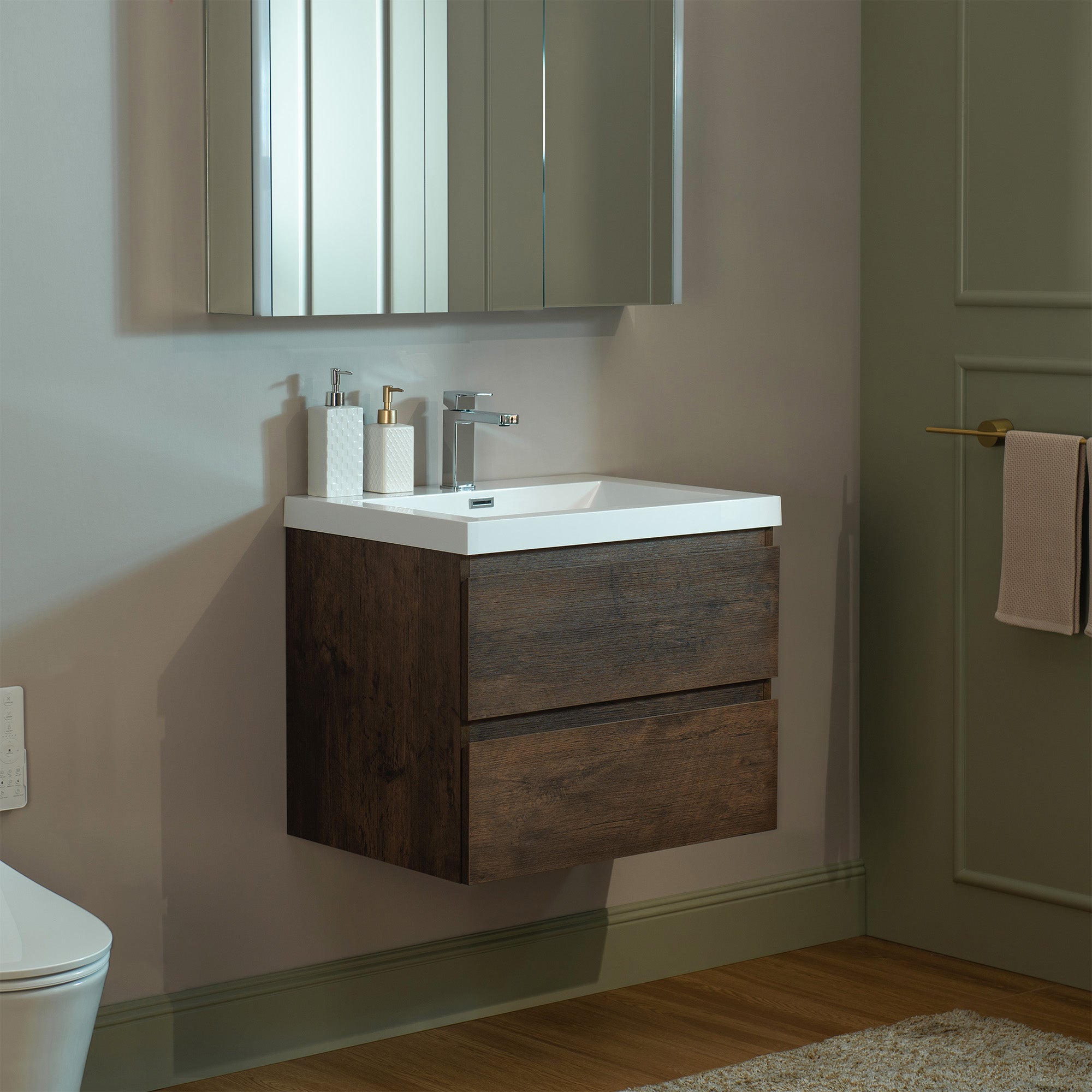 WOODBRIDGE 23-5/8 in. W x 19-5/8 in. D Wall Mounted Floating Vanity in Rose Wood with Resin Composite Vanity Top in Glossy White