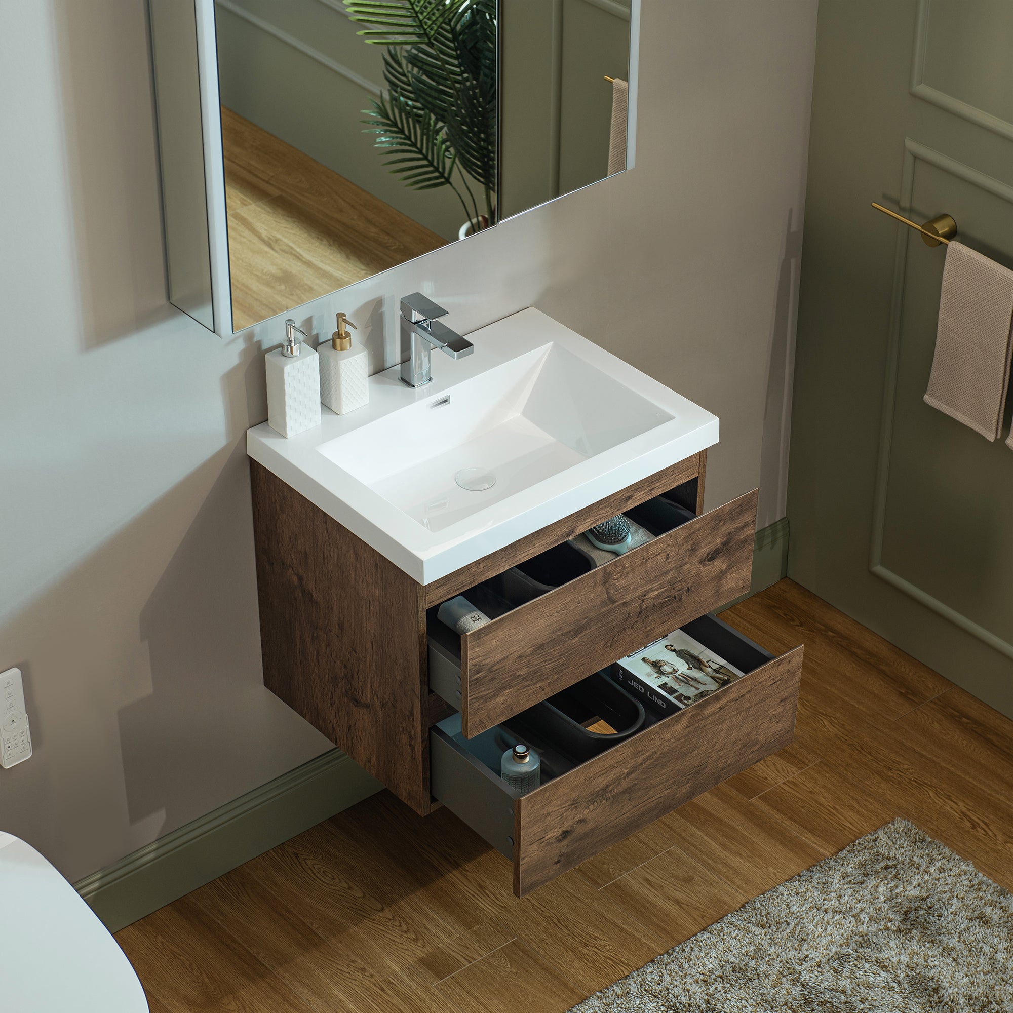 WOODBRIDGE 23-5/8 in. W x 19-5/8 in. D Wall Mounted Floating Vanity in Rose Wood with Resin Composite Vanity Top in Glossy White