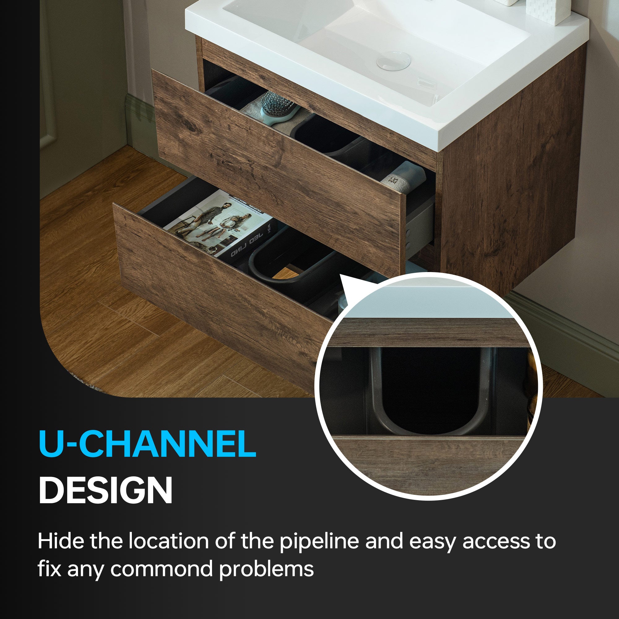 WOODBRIDGE 23-5/8 in. W x 19-5/8 in. D Wall Mounted Floating Vanity in Rose Wood with Resin Composite Vanity Top in Glossy White