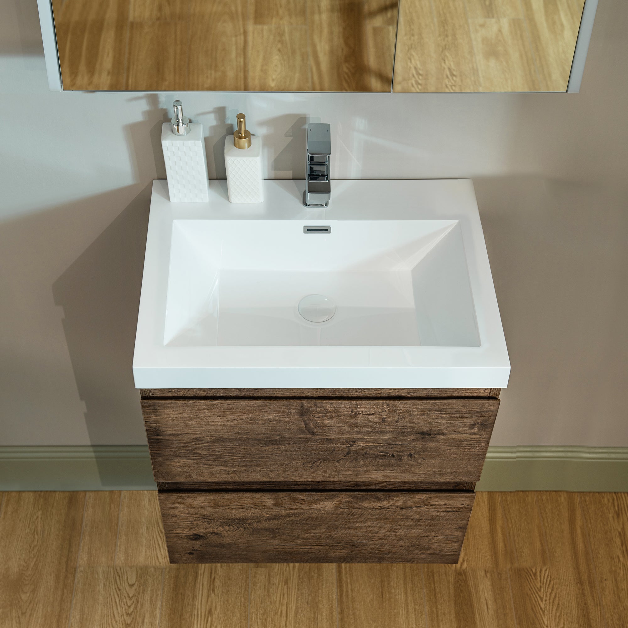 WOODBRIDGE 23-5/8 in. W x 19-5/8 in. D Wall Mounted Floating Vanity in Rose Wood with Resin Composite Vanity Top in Glossy White