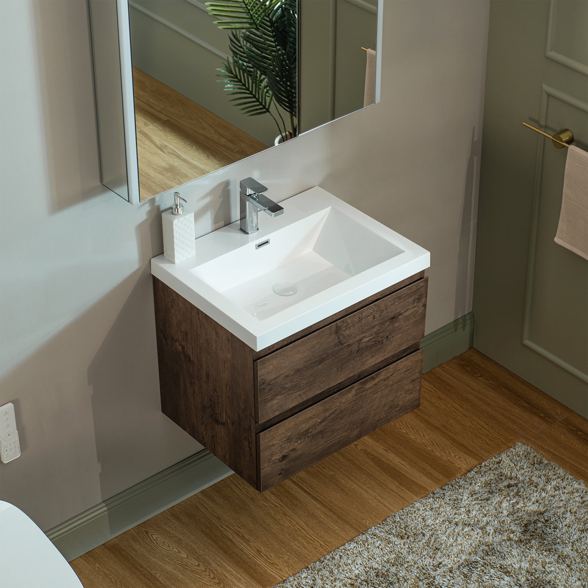 WOODBRIDGE 23-5/8 in. W x 19-5/8 in. D Wall Mounted Floating Vanity in Rose Wood with Resin Composite Vanity Top in Glossy White