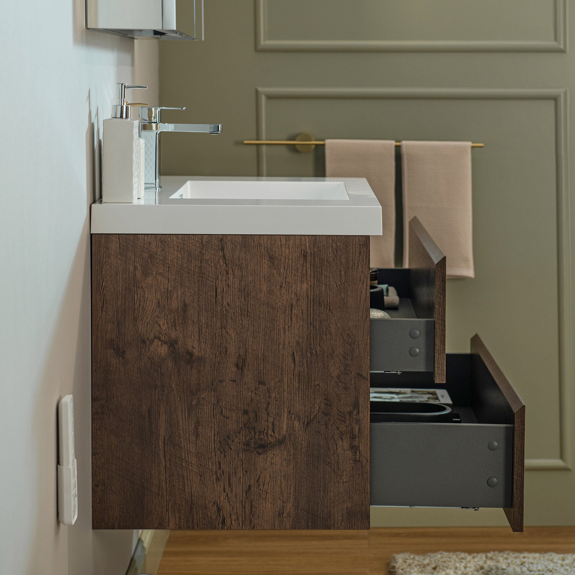 WOODBRIDGE 23-5/8 in. W x 19-5/8 in. D Wall Mounted Floating Vanity in Rose Wood with Resin Composite Vanity Top in Glossy White