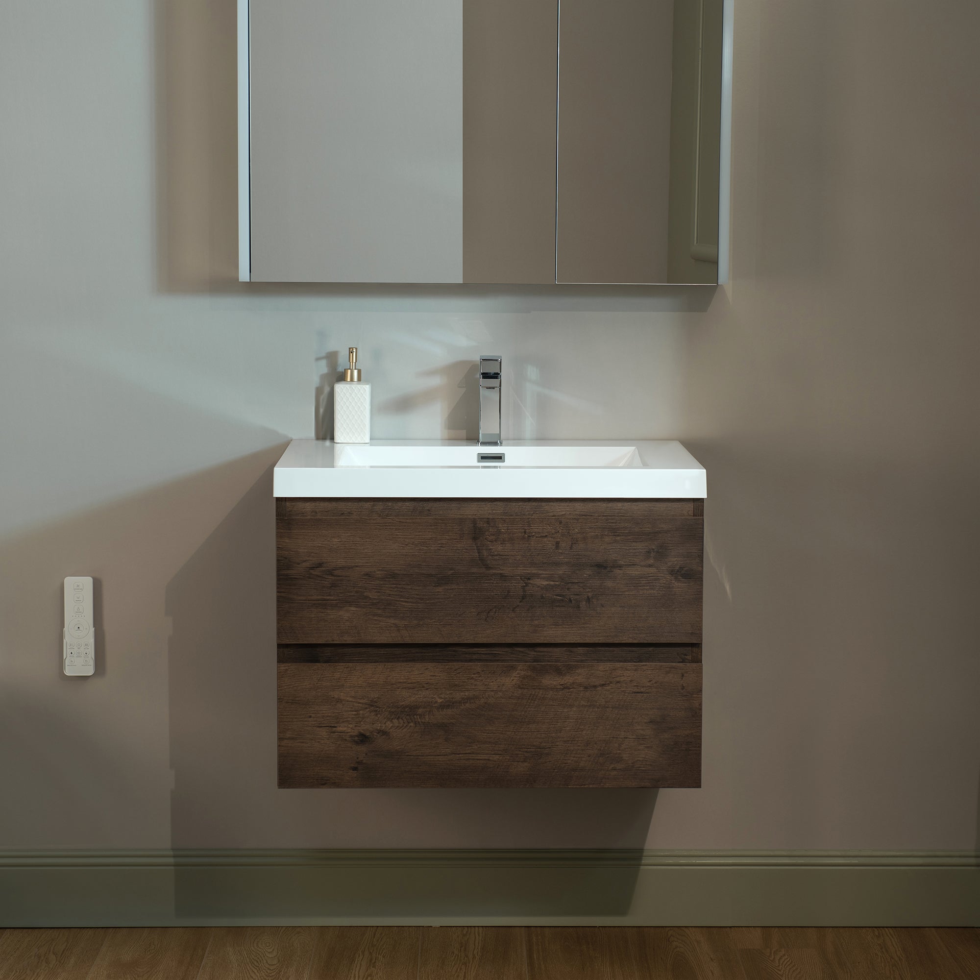 WOODBRIDGE 23-5/8 in. W x 19-5/8 in. D Wall Mounted Floating Vanity in Rose Wood with Resin Composite Vanity Top in Glossy White