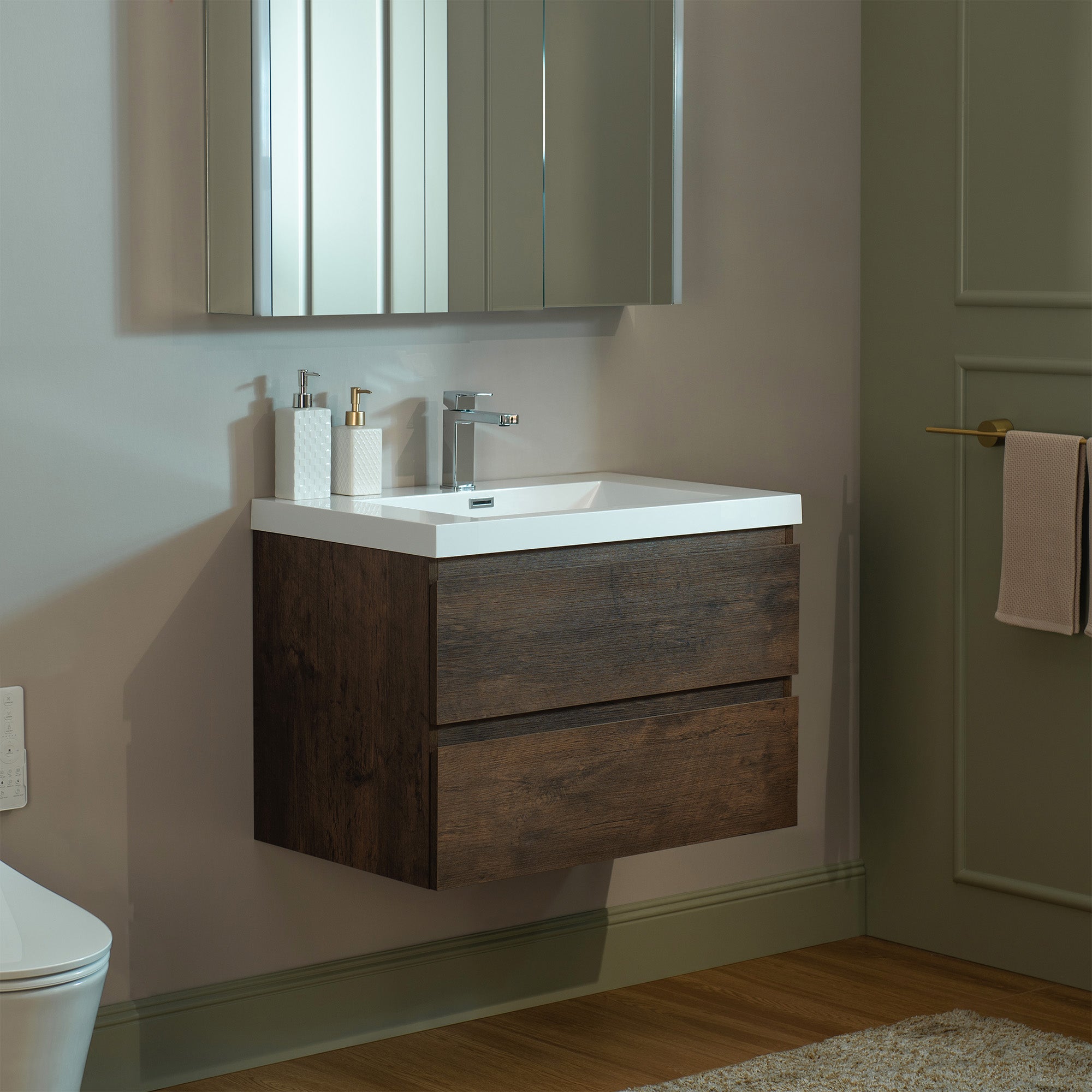 WOODBRIDGE 23-5/8 in. W x 19-5/8 in. D Wall Mounted Floating Vanity in Rose Wood with Resin Composite Vanity Top in Glossy White