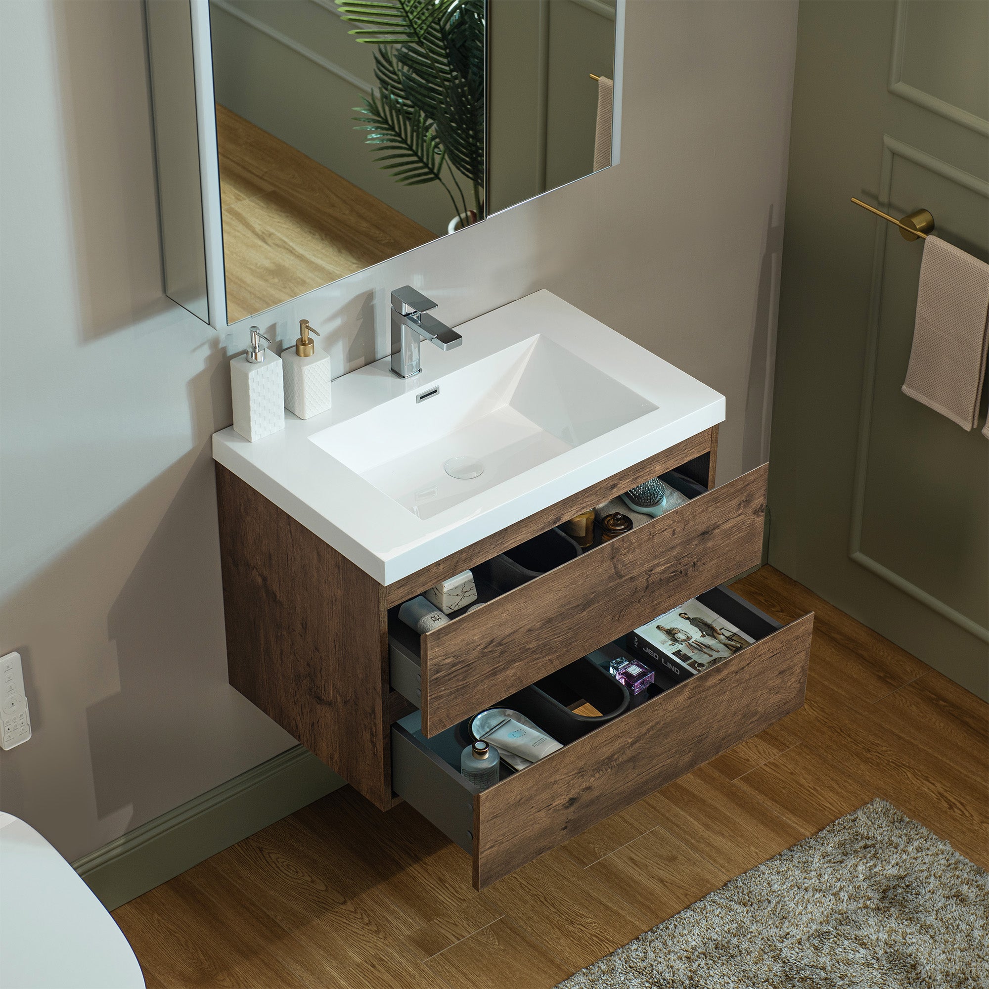 WOODBRIDGE 23-5/8 in. W x 19-5/8 in. D Wall Mounted Floating Vanity in Rose Wood with Resin Composite Vanity Top in Glossy White