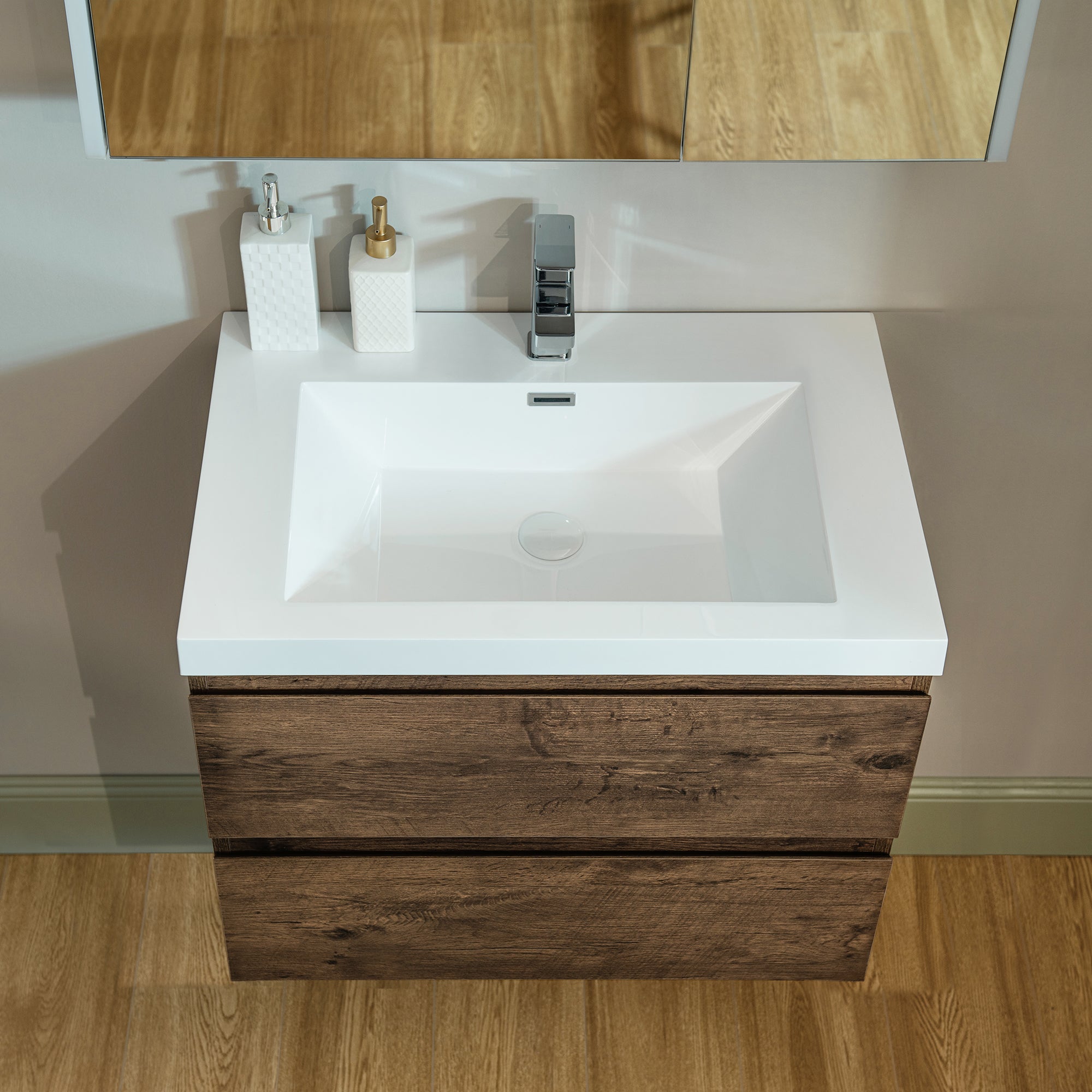 WOODBRIDGE 23-5/8 in. W x 19-5/8 in. D Wall Mounted Floating Vanity in Rose Wood with Resin Composite Vanity Top in Glossy White