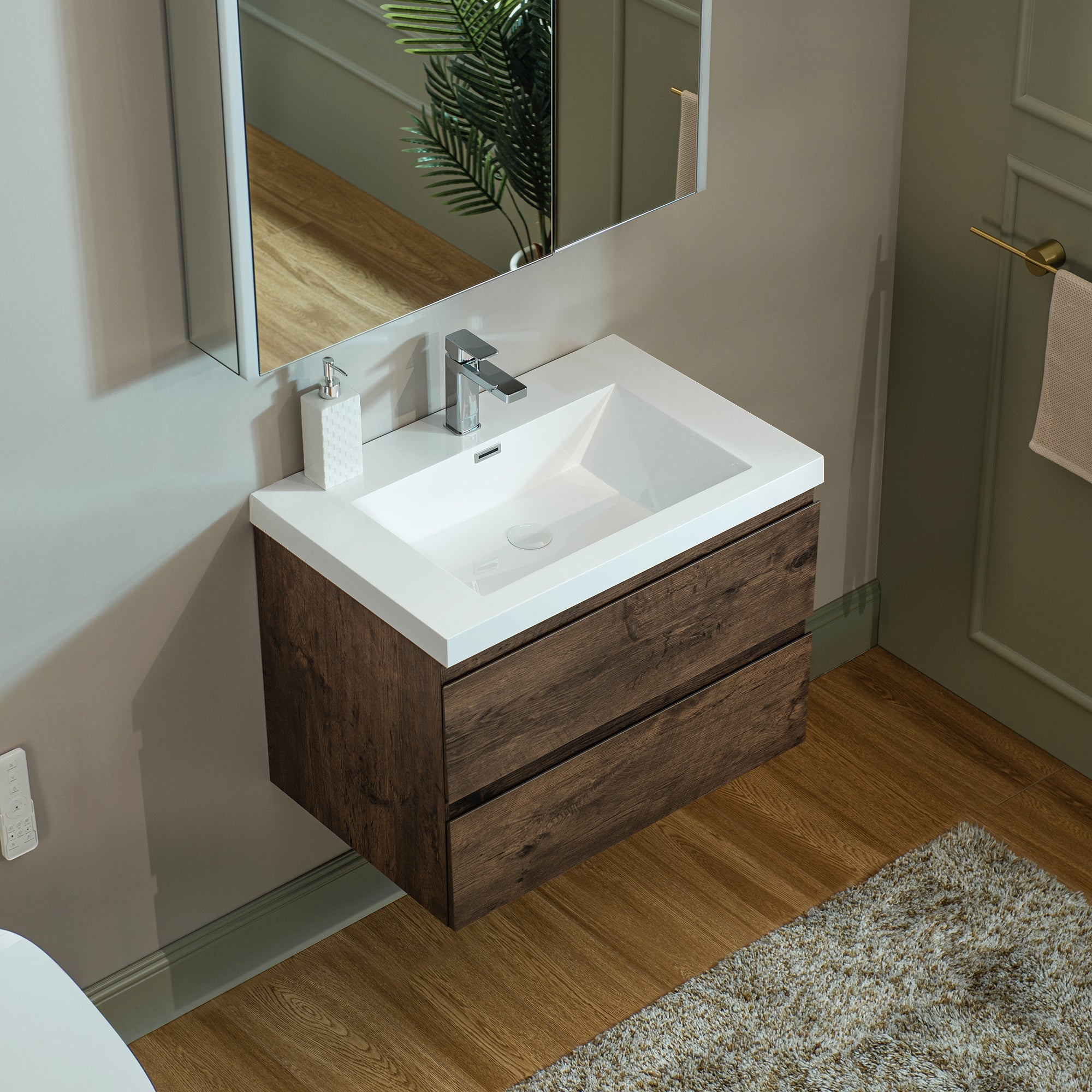 WOODBRIDGE 23-5/8 in. W x 19-5/8 in. D Wall Mounted Floating Vanity in Rose Wood with Resin Composite Vanity Top in Glossy White
