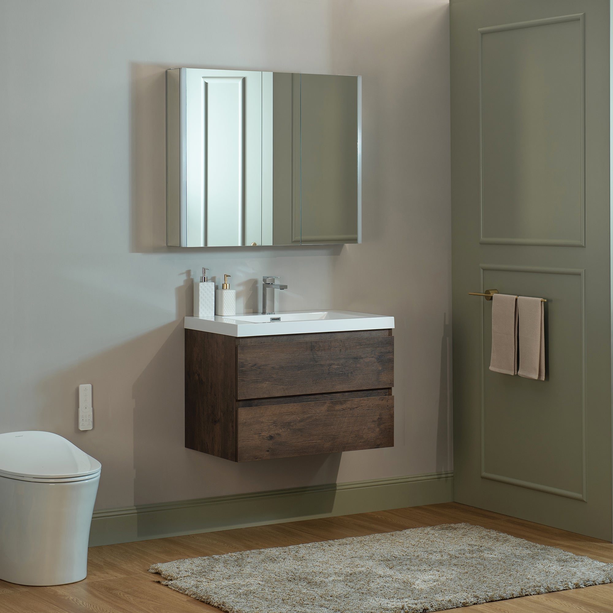WOODBRIDGE 23-5/8 in. W x 19-5/8 in. D Wall Mounted Floating Vanity in Rose Wood with Resin Composite Vanity Top in Glossy White
