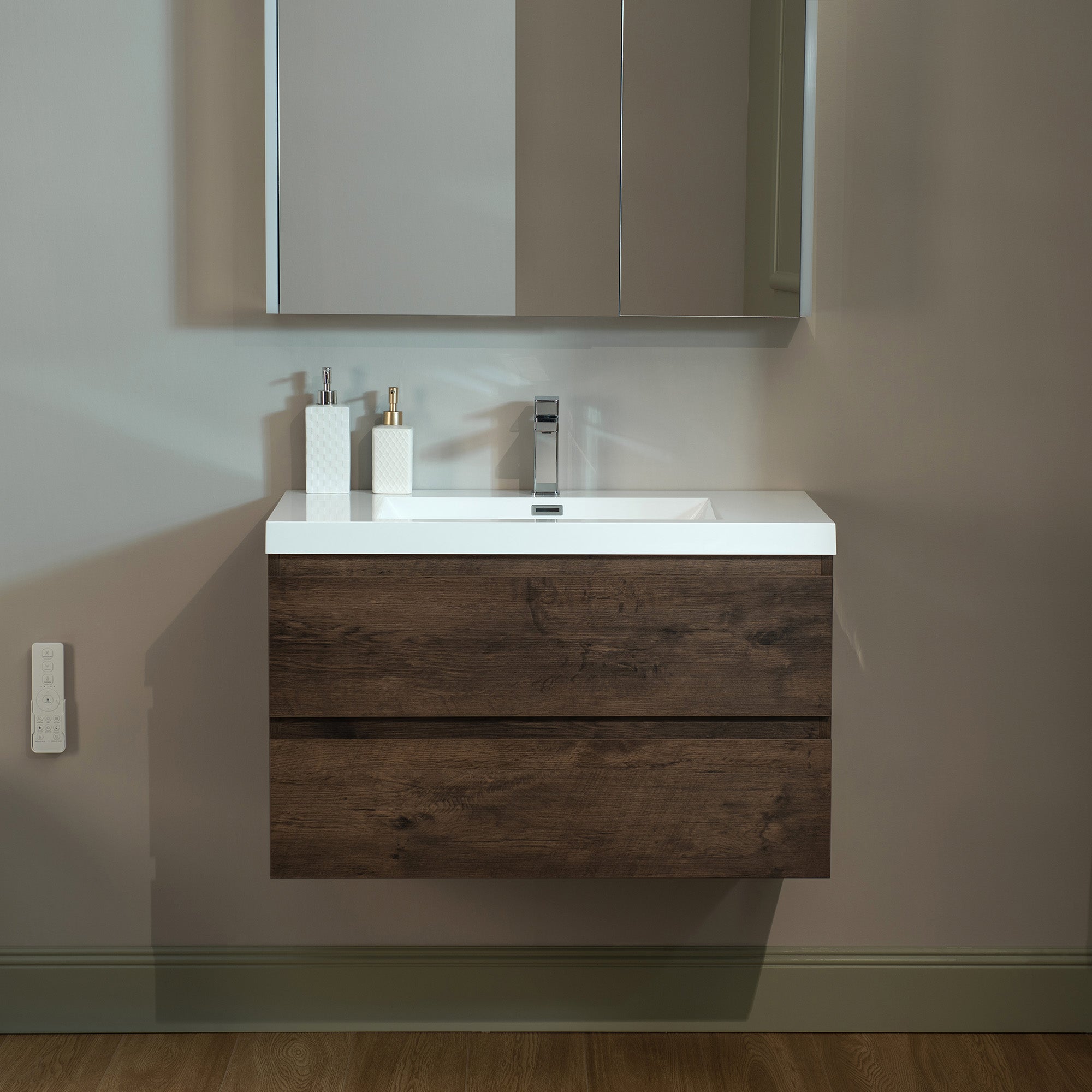 WOODBRIDGE 23-5/8 in. W x 19-5/8 in. D Wall Mounted Floating Vanity in Rose Wood with Resin Composite Vanity Top in Glossy White