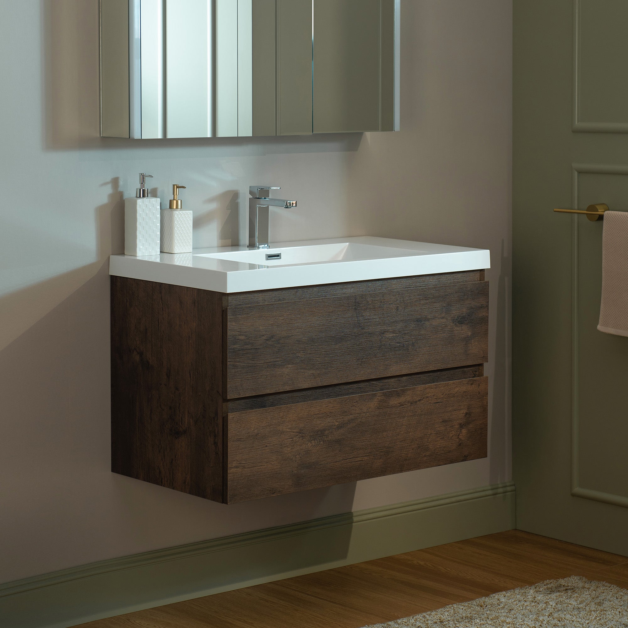 WOODBRIDGE 23-5/8 in. W x 19-5/8 in. D Wall Mounted Floating Vanity in Rose Wood with Resin Composite Vanity Top in Glossy White
