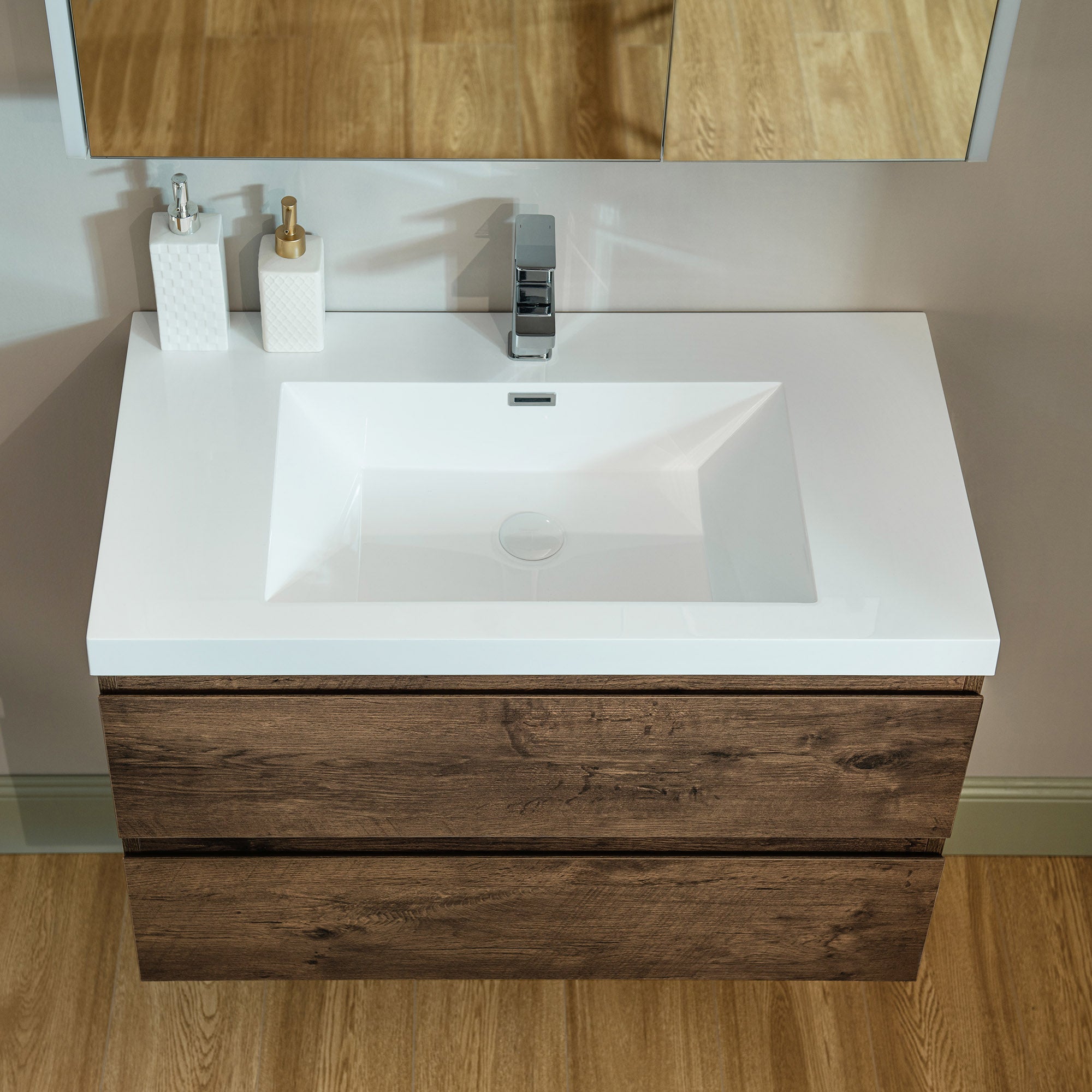 WOODBRIDGE 23-5/8 in. W x 19-5/8 in. D Wall Mounted Floating Vanity in Rose Wood with Resin Composite Vanity Top in Glossy White