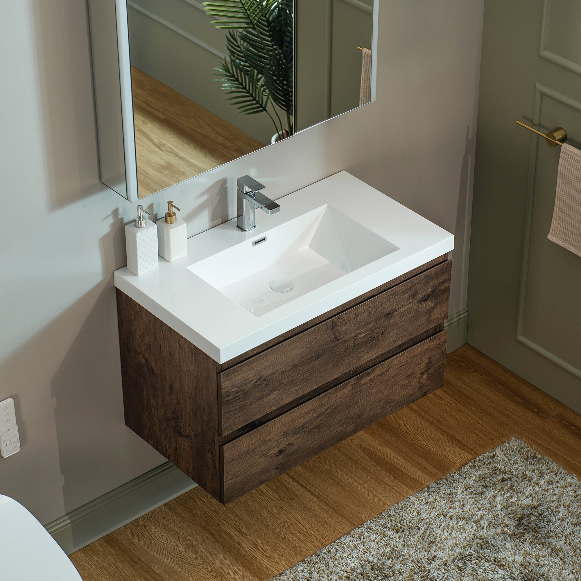 WOODBRIDGE 23-5/8 in. W x 19-5/8 in. D Wall Mounted Floating Vanity in Rose Wood with Resin Composite Vanity Top in Glossy White