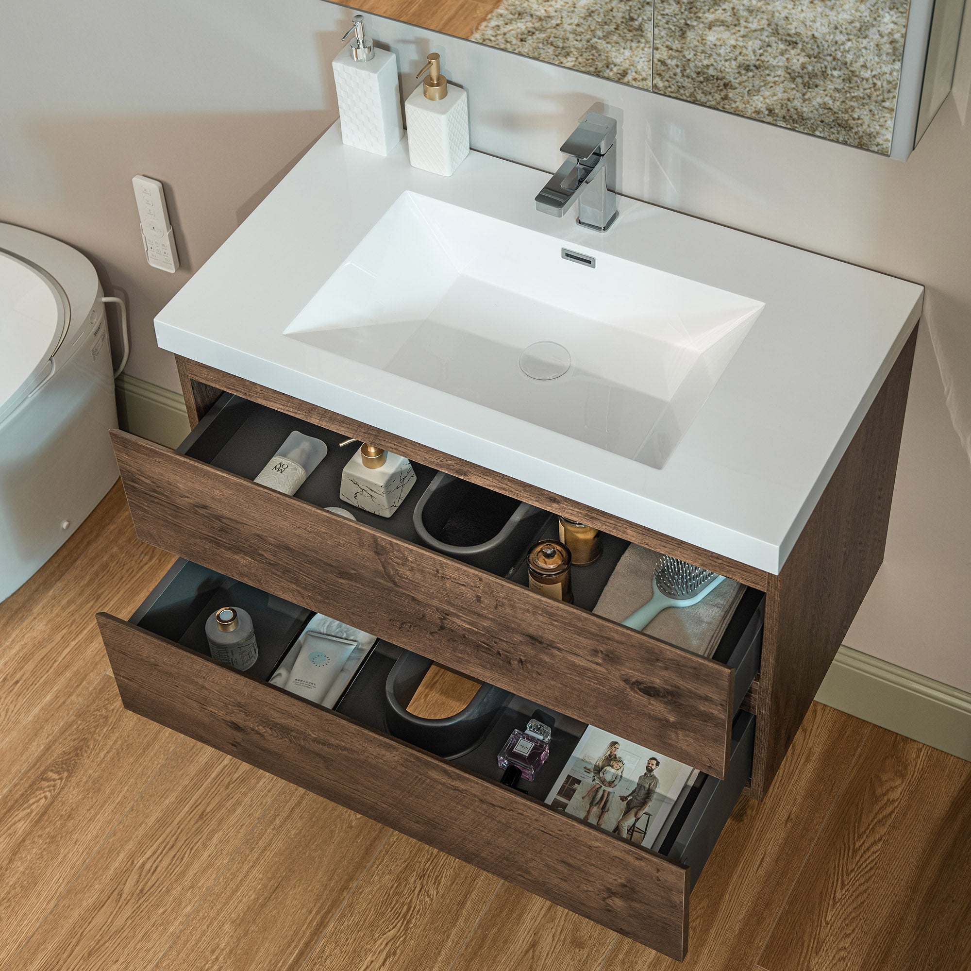 WOODBRIDGE 23-5/8 in. W x 19-5/8 in. D Wall Mounted Floating Vanity in Rose Wood with Resin Composite Vanity Top in Glossy White