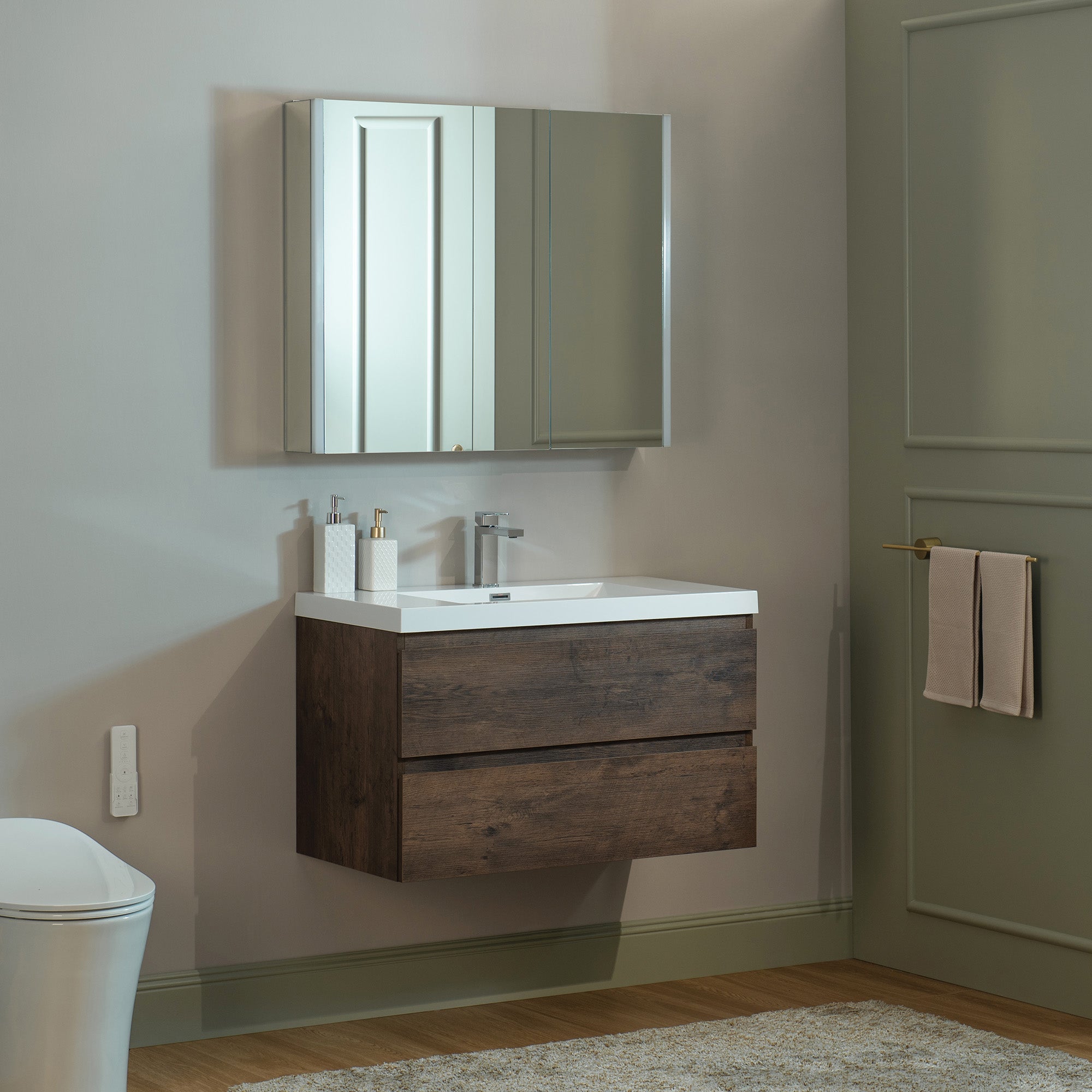 WOODBRIDGE 23-5/8 in. W x 19-5/8 in. D Wall Mounted Floating Vanity in Rose Wood with Resin Composite Vanity Top in Glossy White