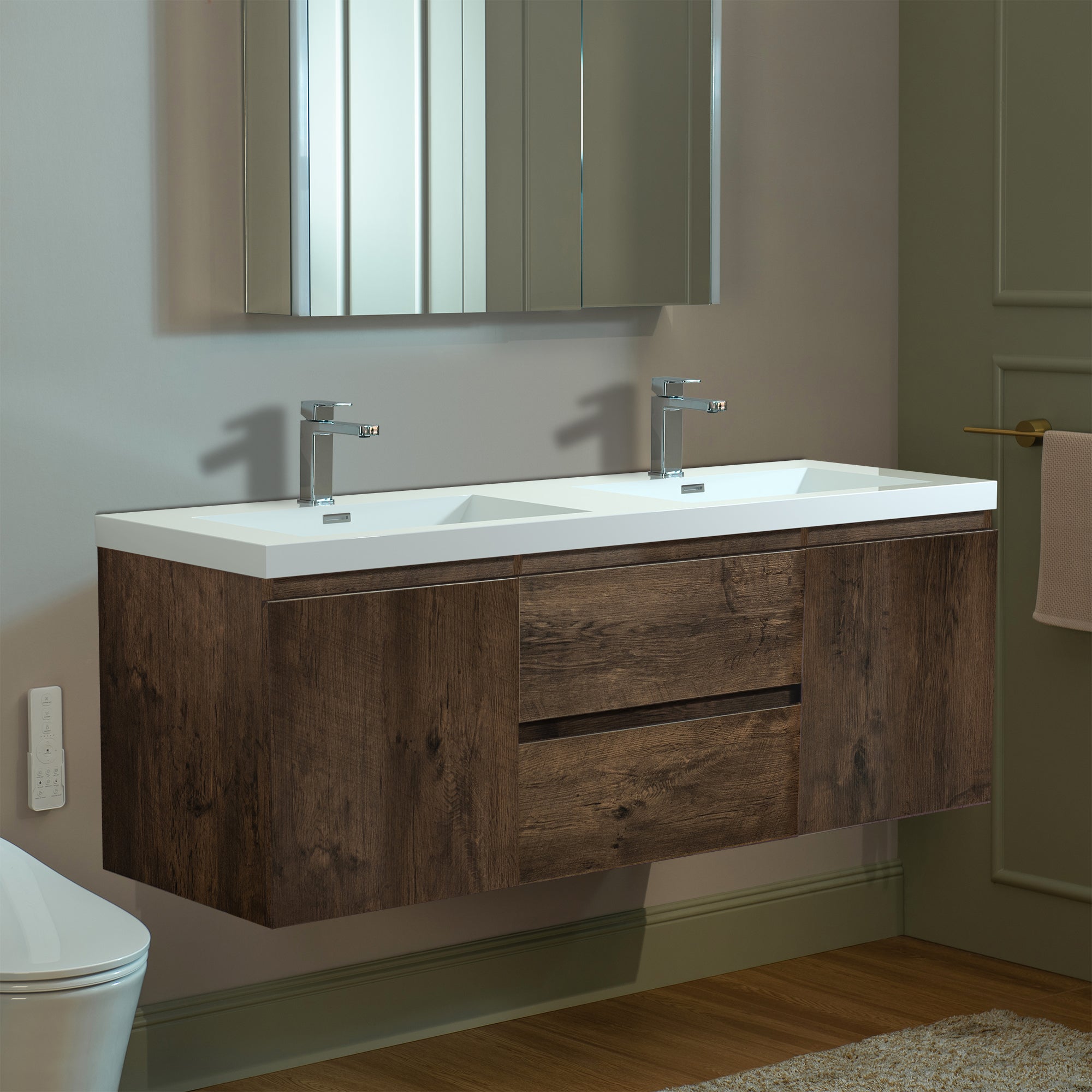 WOODBRIDGE 23-5/8 in. W x 19-5/8 in. D Wall Mounted Floating Vanity in Rose Wood with Resin Composite Vanity Top in Glossy White