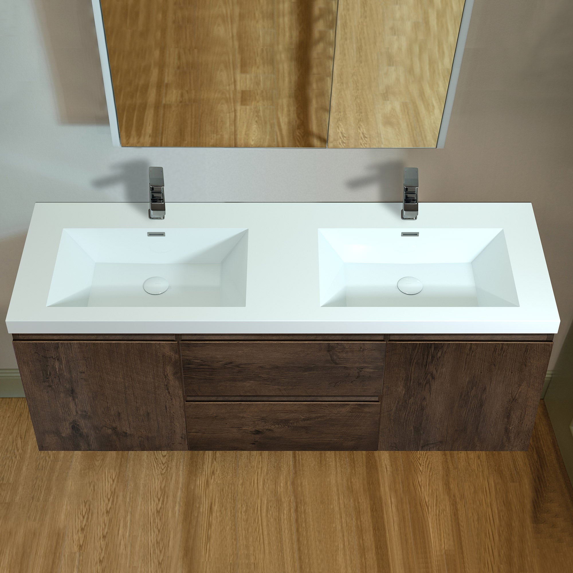 WOODBRIDGE 23-5/8 in. W x 19-5/8 in. D Wall Mounted Floating Vanity in Rose Wood with Resin Composite Vanity Top in Glossy White