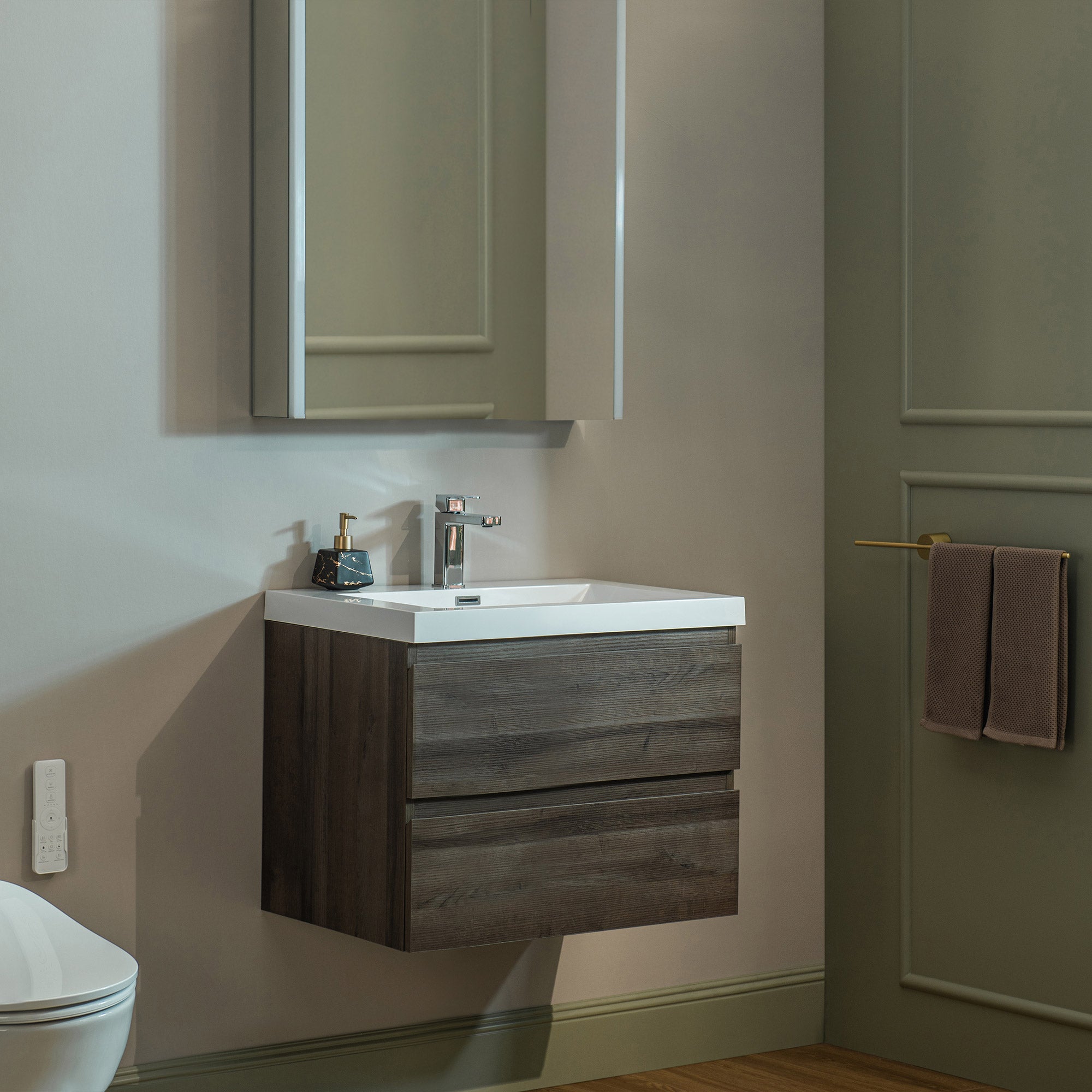 WOODBRIDGE 23-5/8 in. W x 19-5/8 in. D Wall Mounted Floating Vanity in Grey Oak with Resin Composite Vanity Top in Glossy White