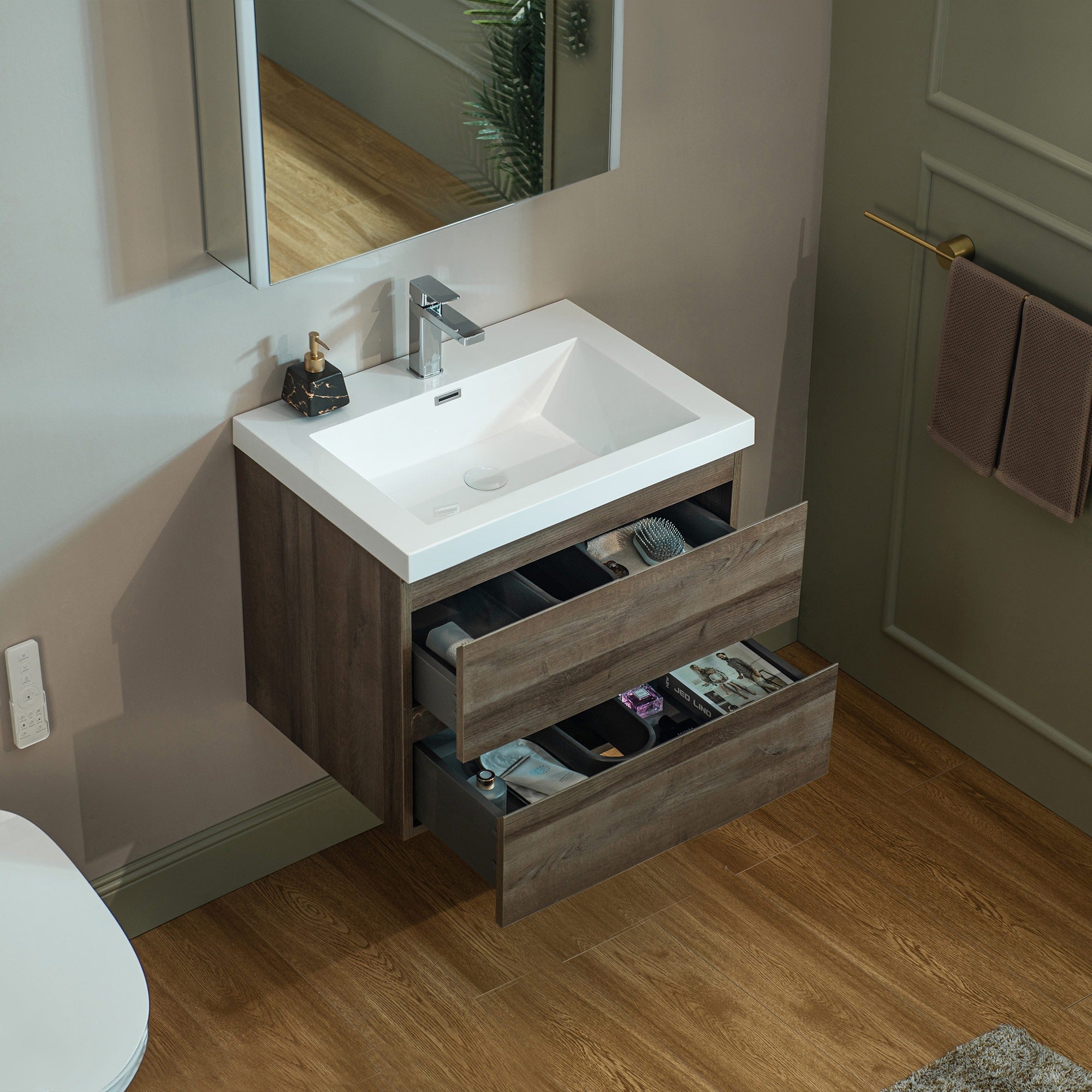 WOODBRIDGE 23-5/8 in. W x 19-5/8 in. D Wall Mounted Floating Vanity in Grey Oak with Resin Composite Vanity Top
