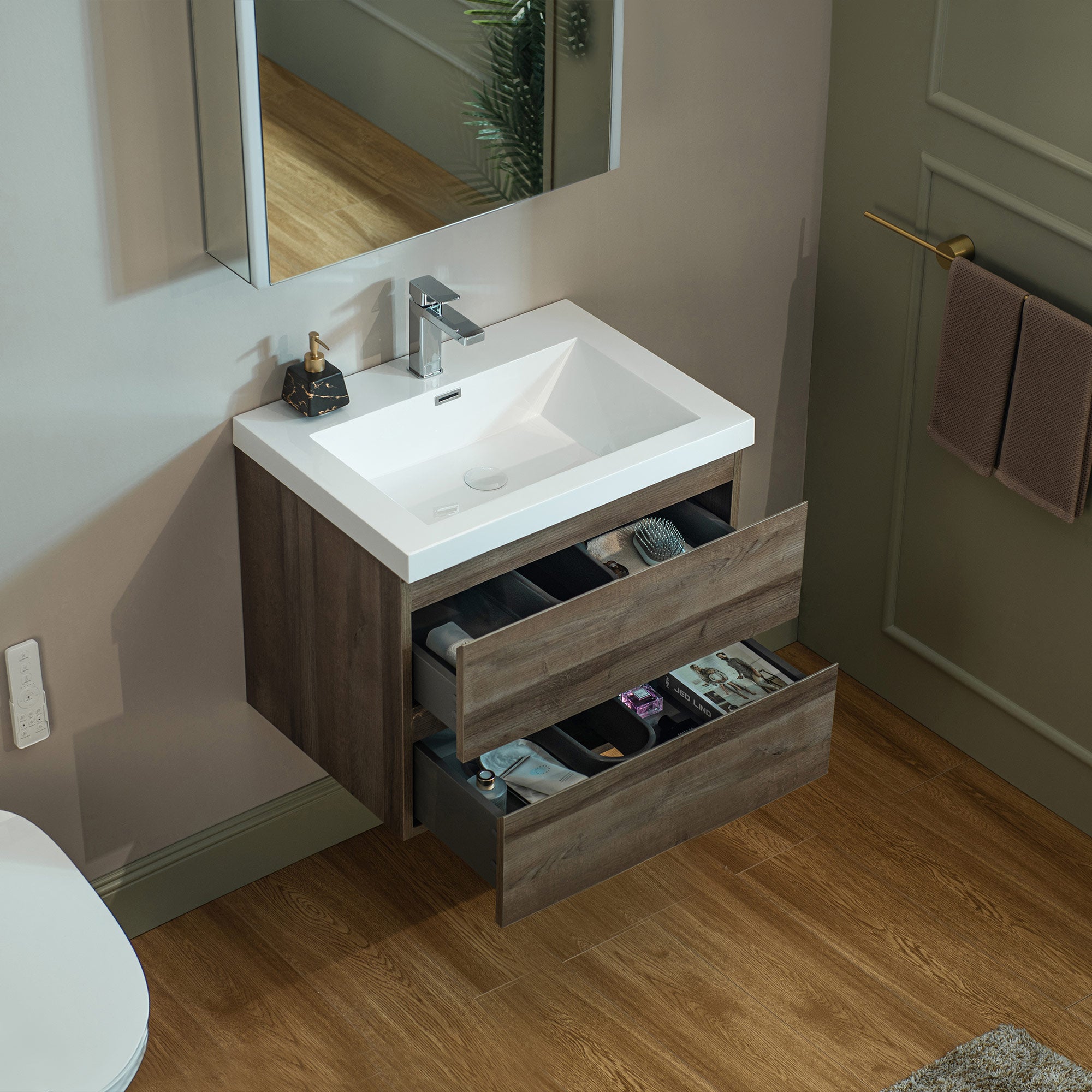 WOODBRIDGE 23-5/8 in. W x 19-5/8 in. D Wall Mounted Floating Vanity in Grey Oak with Resin Composite Vanity Top in Glossy White