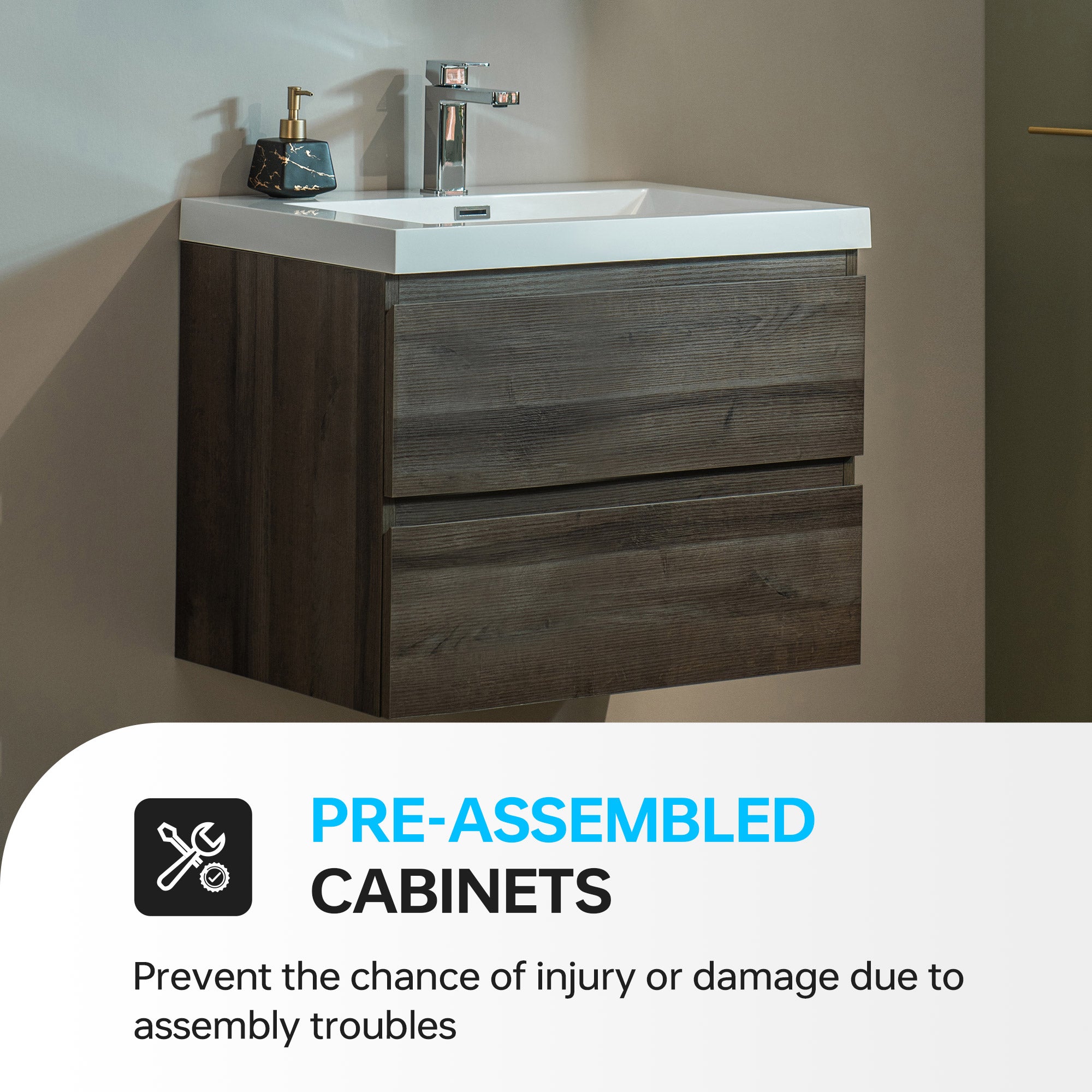 WOODBRIDGE 23-5/8 in. W x 19-5/8 in. D Wall Mounted Floating Vanity in Grey Oak with Resin Composite Vanity Top in Glossy White