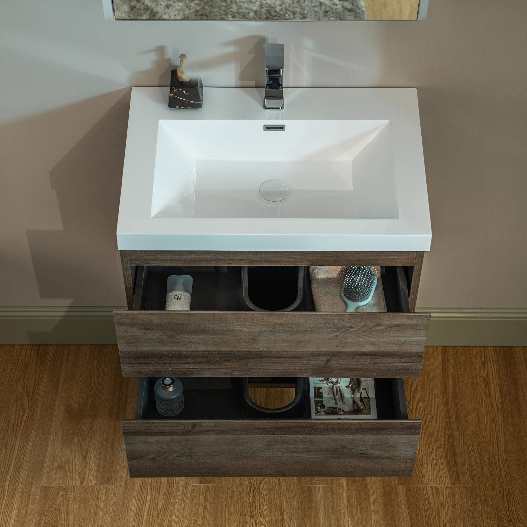 WOODBRIDGE 23-5/8 in. W x 19-5/8 in. D Wall Mounted Floating Vanity in Grey Oak with Resin Composite Vanity Top in Glossy White