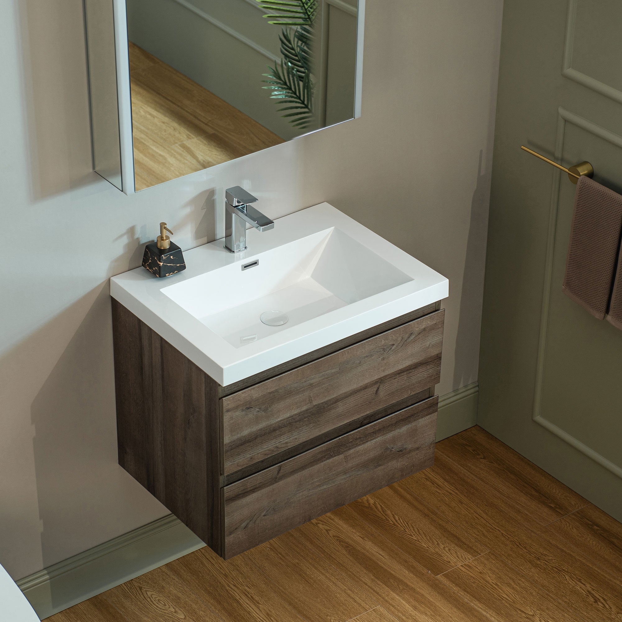 WOODBRIDGE 23-5/8 in. W x 19-5/8 in. D Wall Mounted Floating Vanity in Grey Oak with Resin Composite Vanity Top in Glossy White