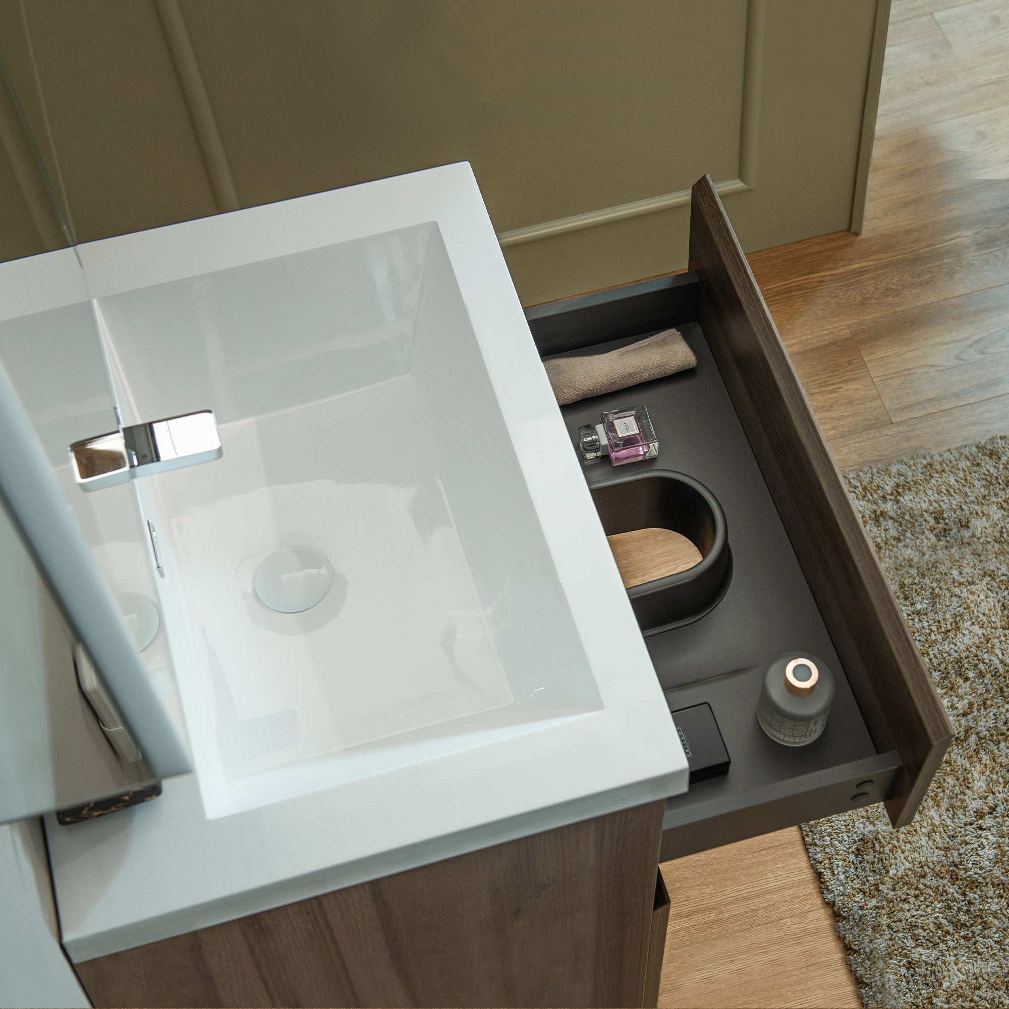 WOODBRIDGE 23-5/8 in. W x 19-5/8 in. D Wall Mounted Floating Vanity in Grey Oak with Resin Composite Vanity Top in Glossy White
