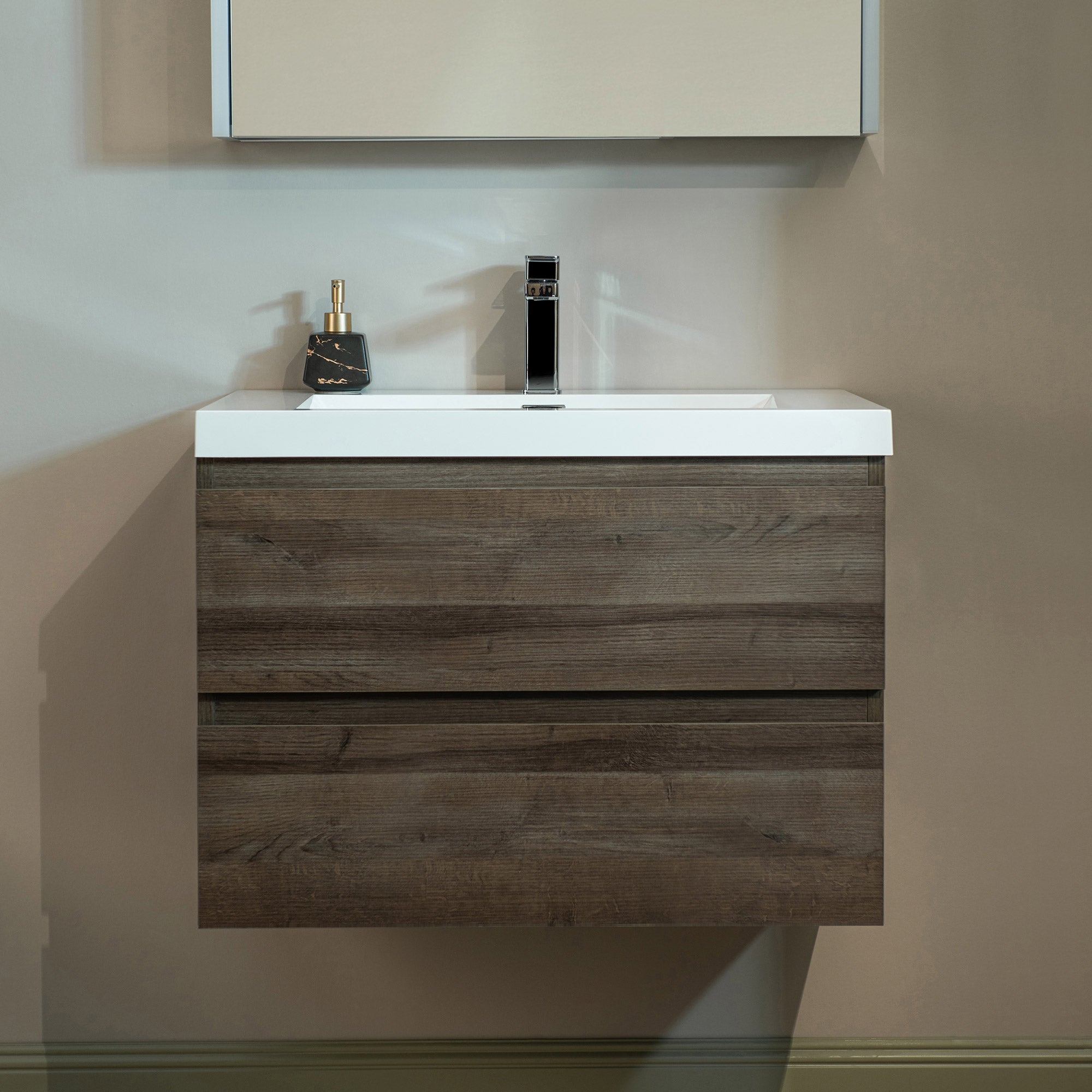 WOODBRIDGE 23-5/8 in. W x 19-5/8 in. D Wall Mounted Floating Vanity in Grey Oak with Resin Composite Vanity Top in Glossy White