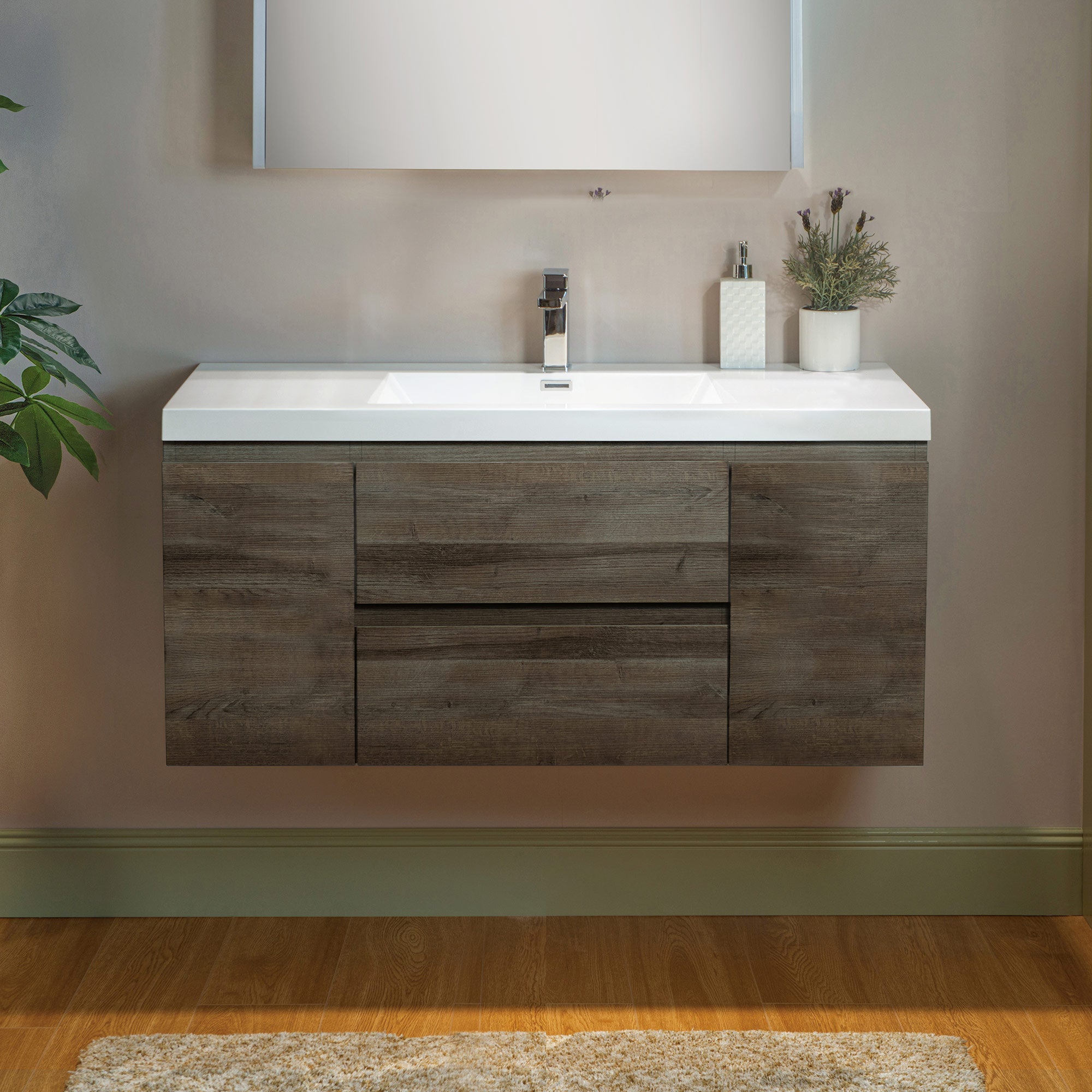 WOODBRIDGE 23-5/8 in. W x 19-5/8 in. D Wall Mounted Floating Vanity in Grey Oak with Resin Composite Vanity Top in Glossy White