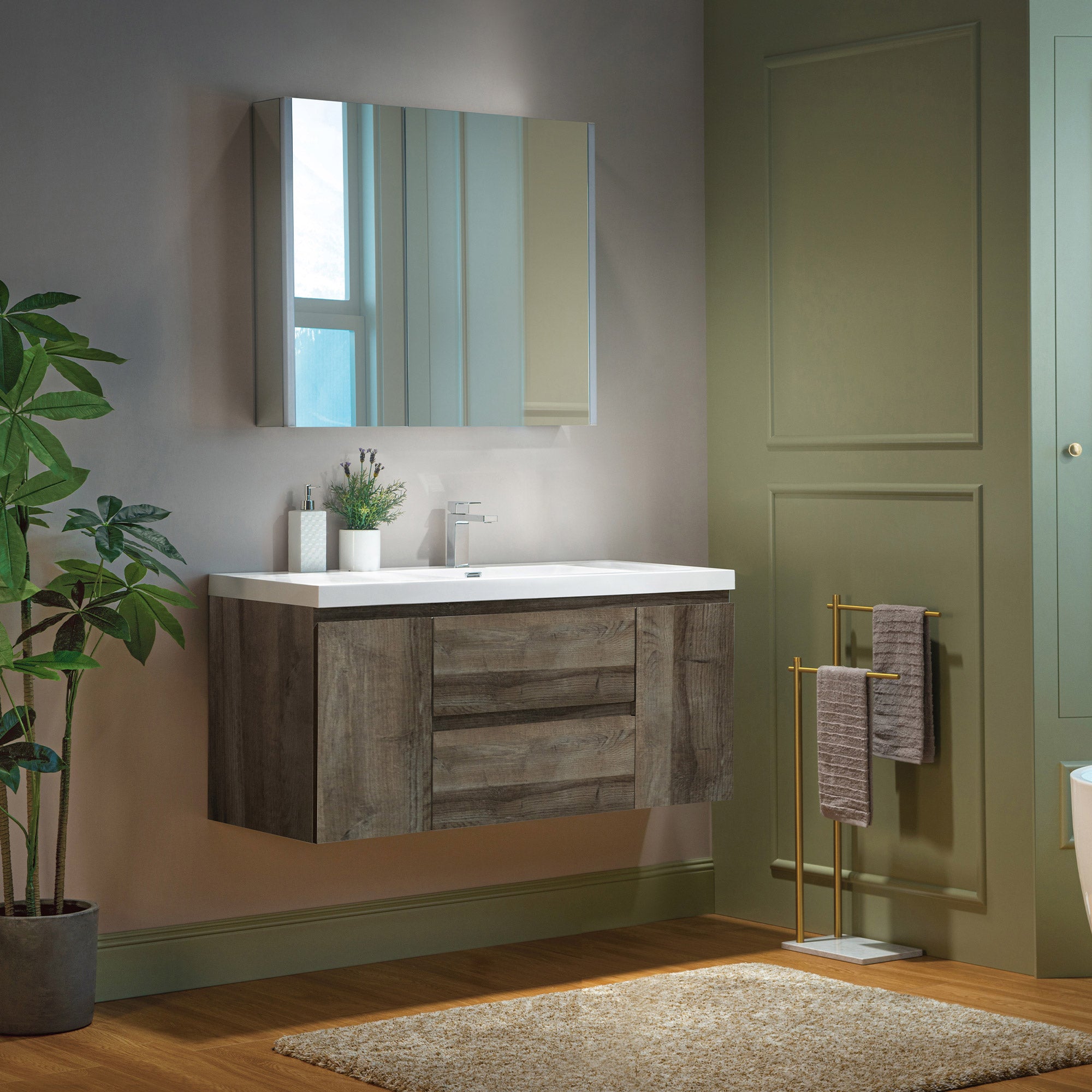 WOODBRIDGE 23-5/8 in. W x 19-5/8 in. D Wall Mounted Floating Vanity in Grey Oak with Resin Composite Vanity Top in Glossy White