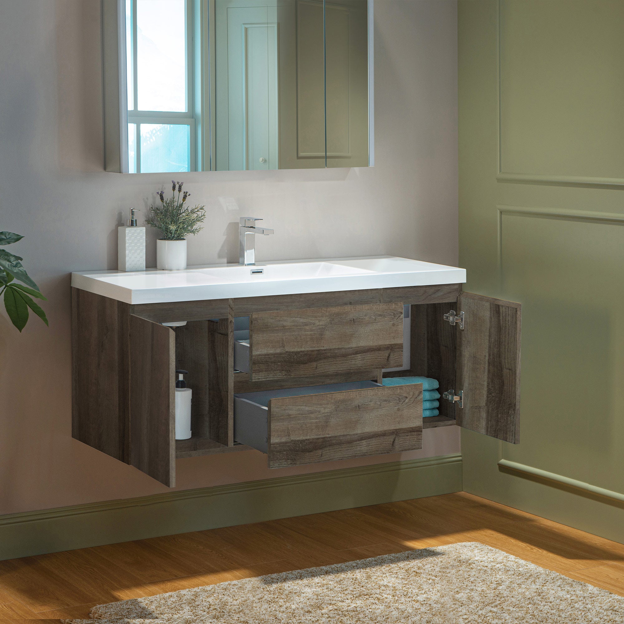 WOODBRIDGE 23-5/8 in. W x 19-5/8 in. D Wall Mounted Floating Vanity in Grey Oak with Resin Composite Vanity Top in Glossy White