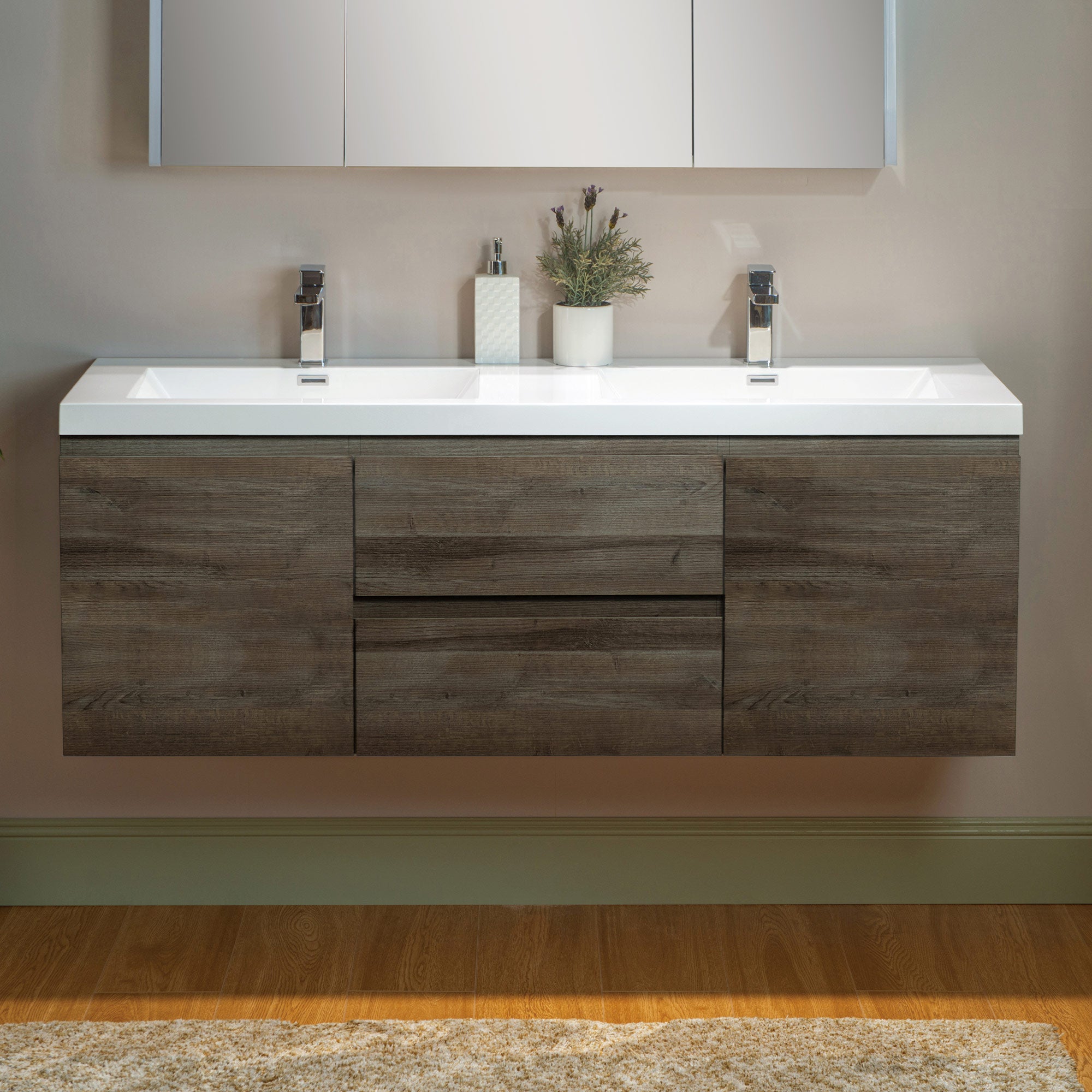 WOODBRIDGE 23-5/8 in. W x 19-5/8 in. D Wall Mounted Floating Vanity in Grey Oak with Resin Composite Vanity Top in Glossy White