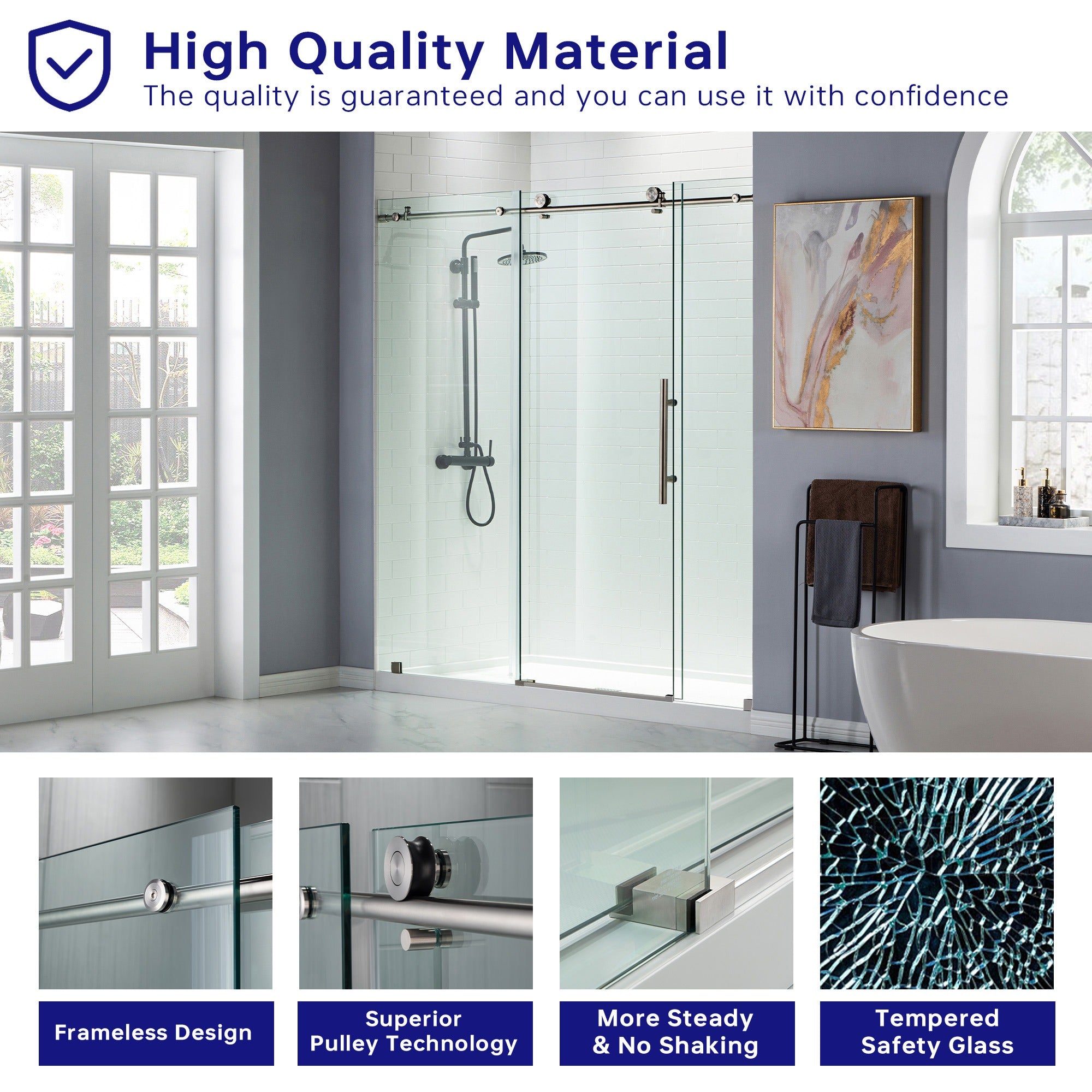 WOODBRIDGE Frameless Shower Doors 68-72" Width x 76"Height with 3/8"(10mm) Clear Tempered Glass, MBSDC7276