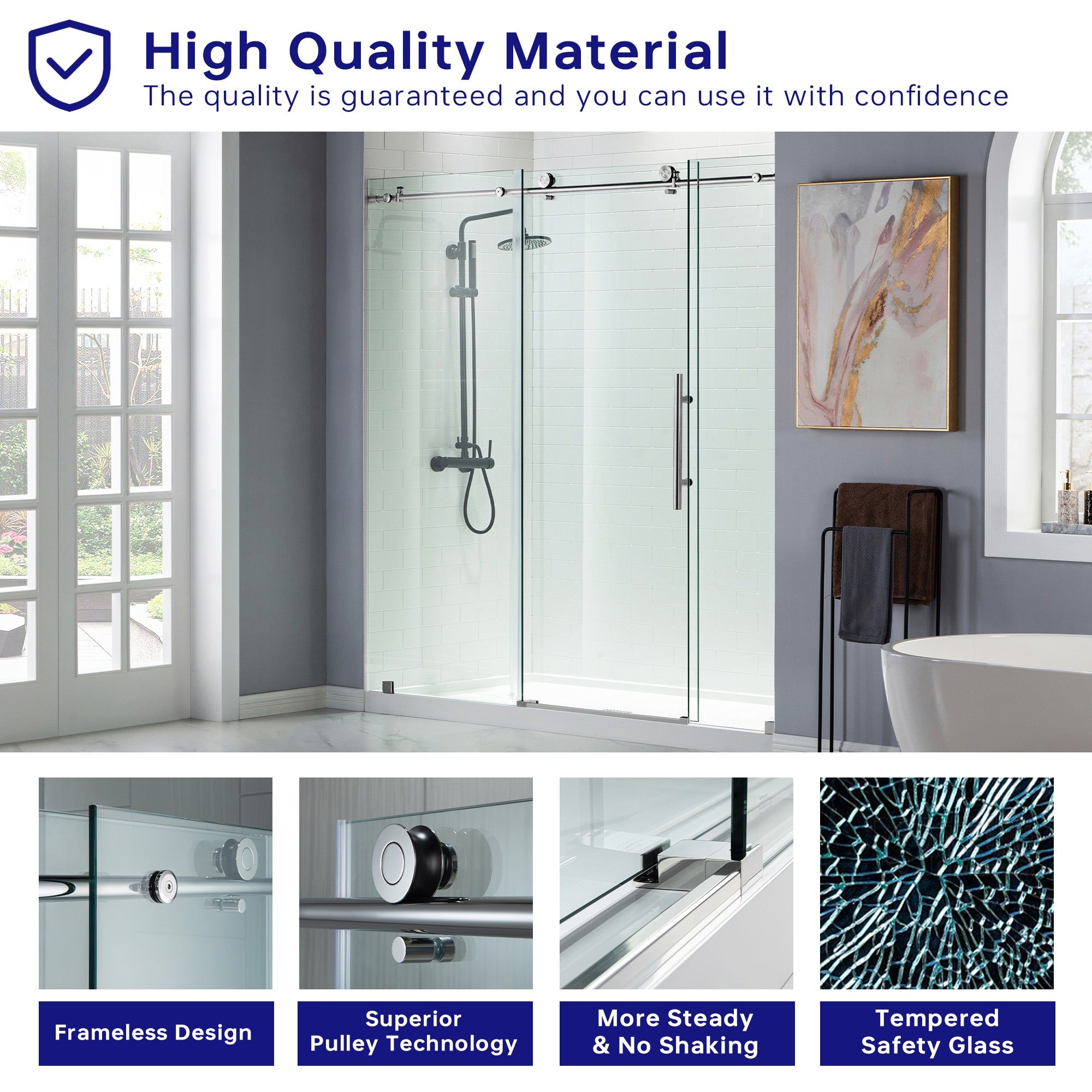 WOODBRIDGE Frameless Shower Doors 68-72" Width x 76"Height with 3/8"(10mm) Clear Tempered Glass, MBSDC7276