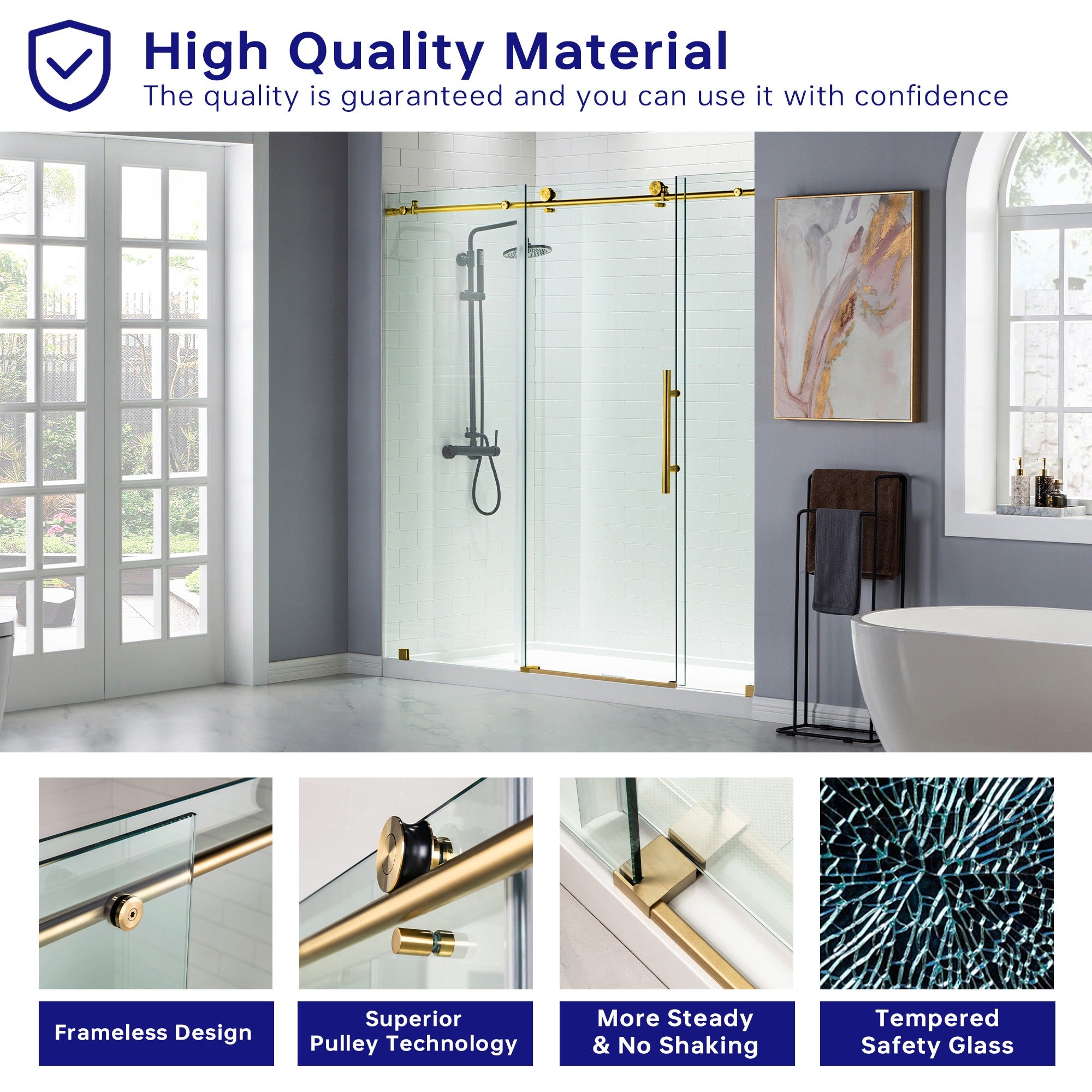 WOODBRIDGE Frameless Shower Doors 68-72" Width x 76"Height with 3/8"(10mm) Clear Tempered Glass, MBSDC7276