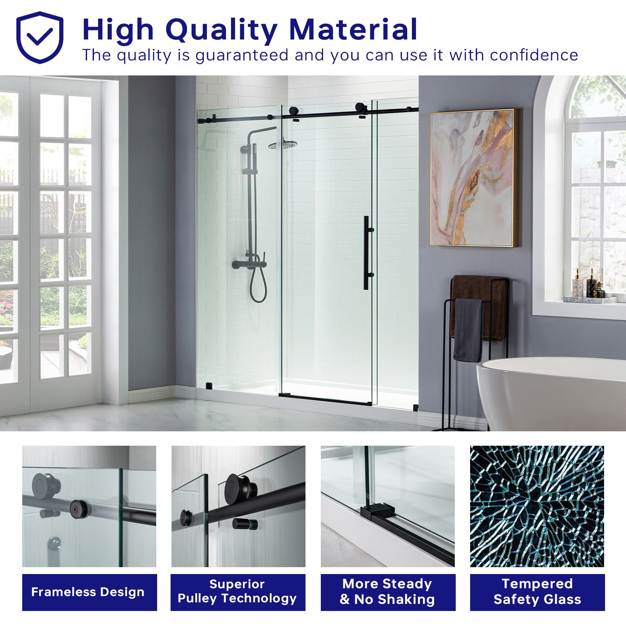 WOODBRIDGE Frameless Shower Doors 68-72" Width x 76"Height with 3/8"(10mm) Clear Tempered Glass, MBSDC7276