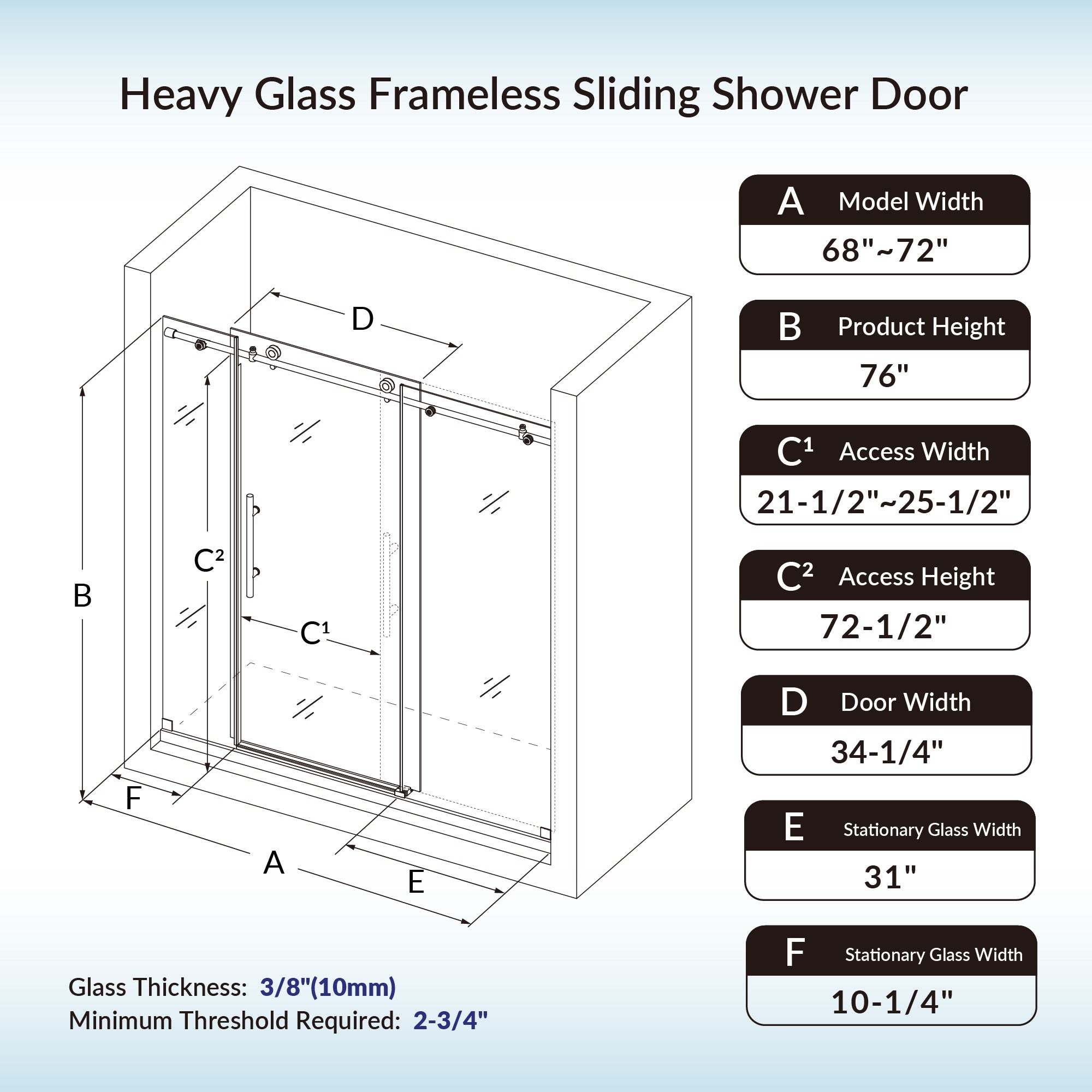 WOODBRIDGE Frameless Shower Doors 68-72" Width x 76"Height with 3/8"(10mm) Clear Tempered Glass, MBSDC7276