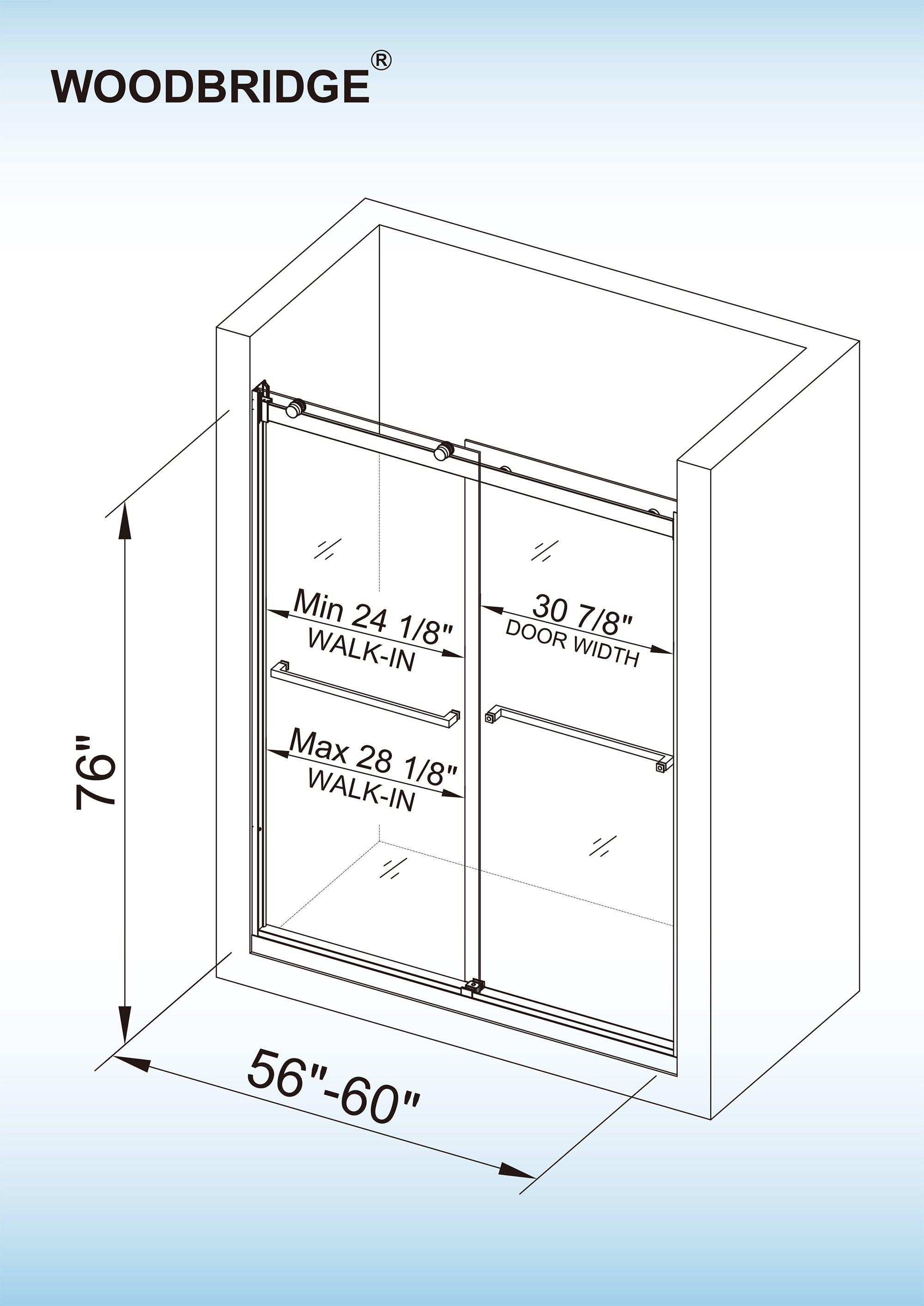 WOODBRIDGE Frameless Shower Doors 56-60" Width x 76"Height with 5/16"(8mm) Clear Tempered Glass, 2 Ways Opening & Double Sliding,ASD6076