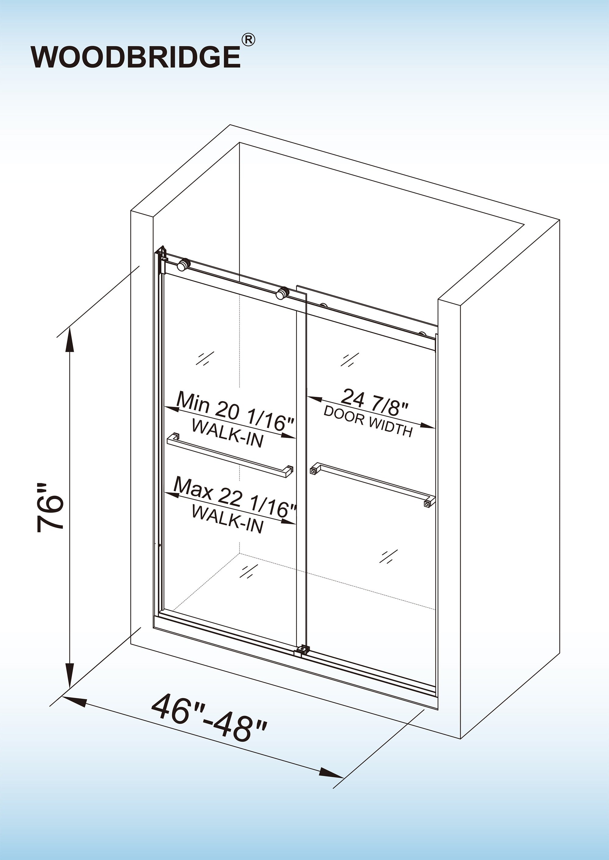 WOODBRIDGE Frameless Bathtub Shower Doors 44-48" Width x76"Height with 5/16"(8mm) Clear Tempered Glass, 2 Ways Opening & Double Sliding, ASD4876