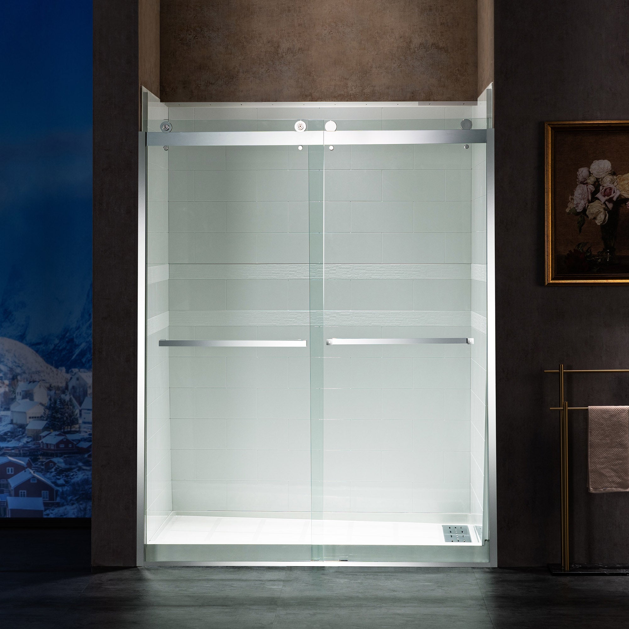 WOODBRIDGE Frameless Shower Doors 56-60" Width x 76"Height with 3/8"(10mm) Clear Tempered Glass, 2 Ways Opening & Double Sliding