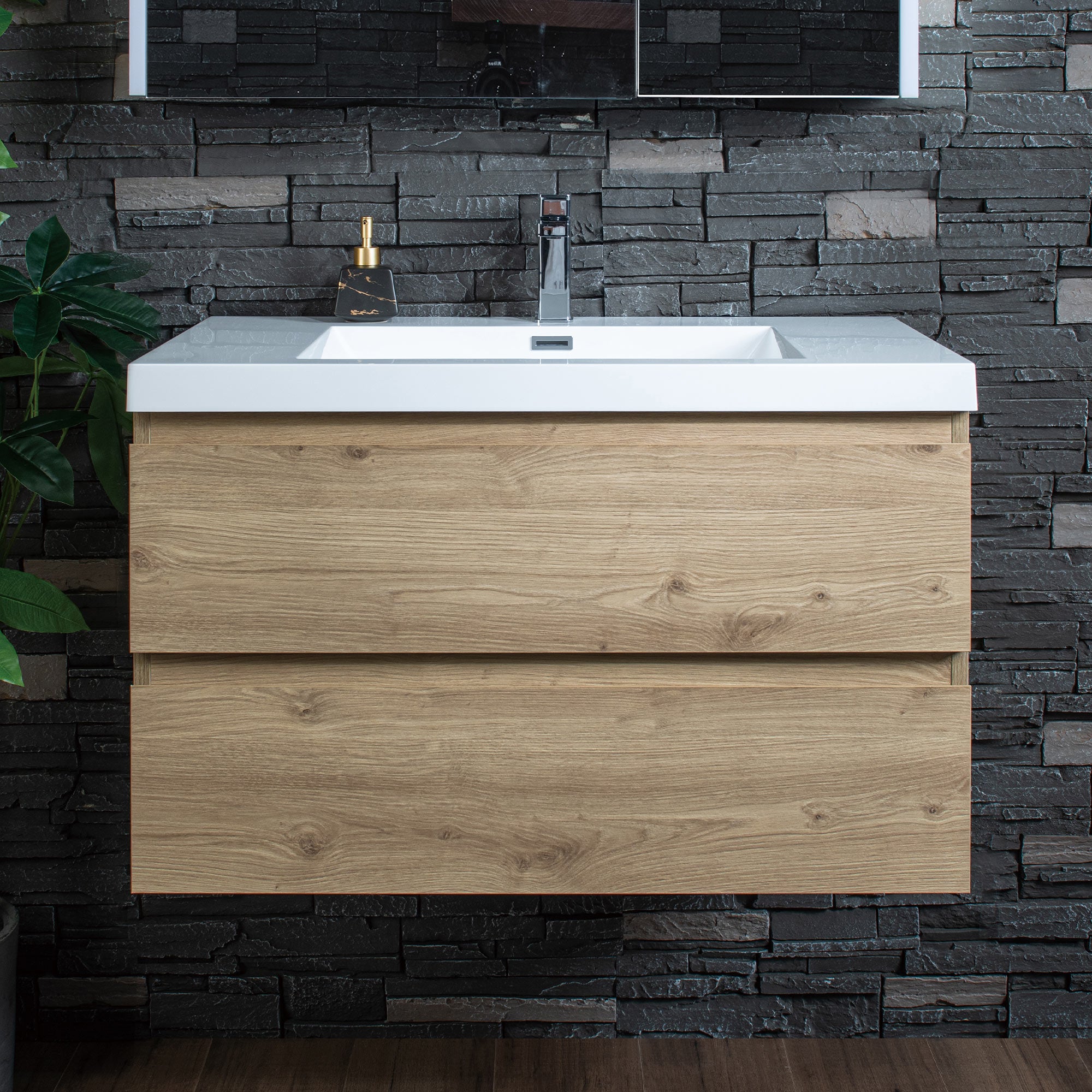 WOODBRIDGE 23-5/8 in. W x 19-5/8 in. D Wall Mounted Floating Vanity in Natural Oak with Resin Composite Vanity Top in Glossy White