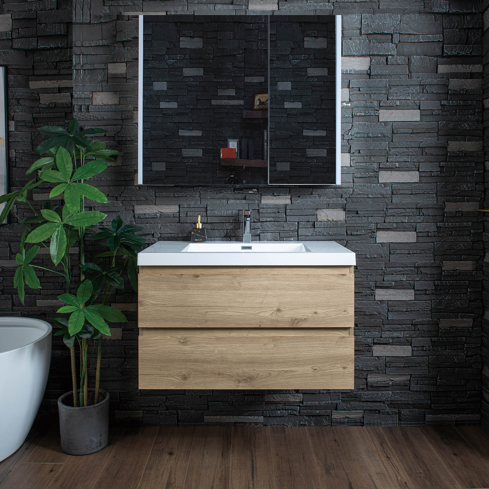 WOODBRIDGE 23-5/8 in. W x 19-5/8 in. D Wall Mounted Floating Vanity in Natural Oak with Resin Composite Vanity Top in Glossy White
