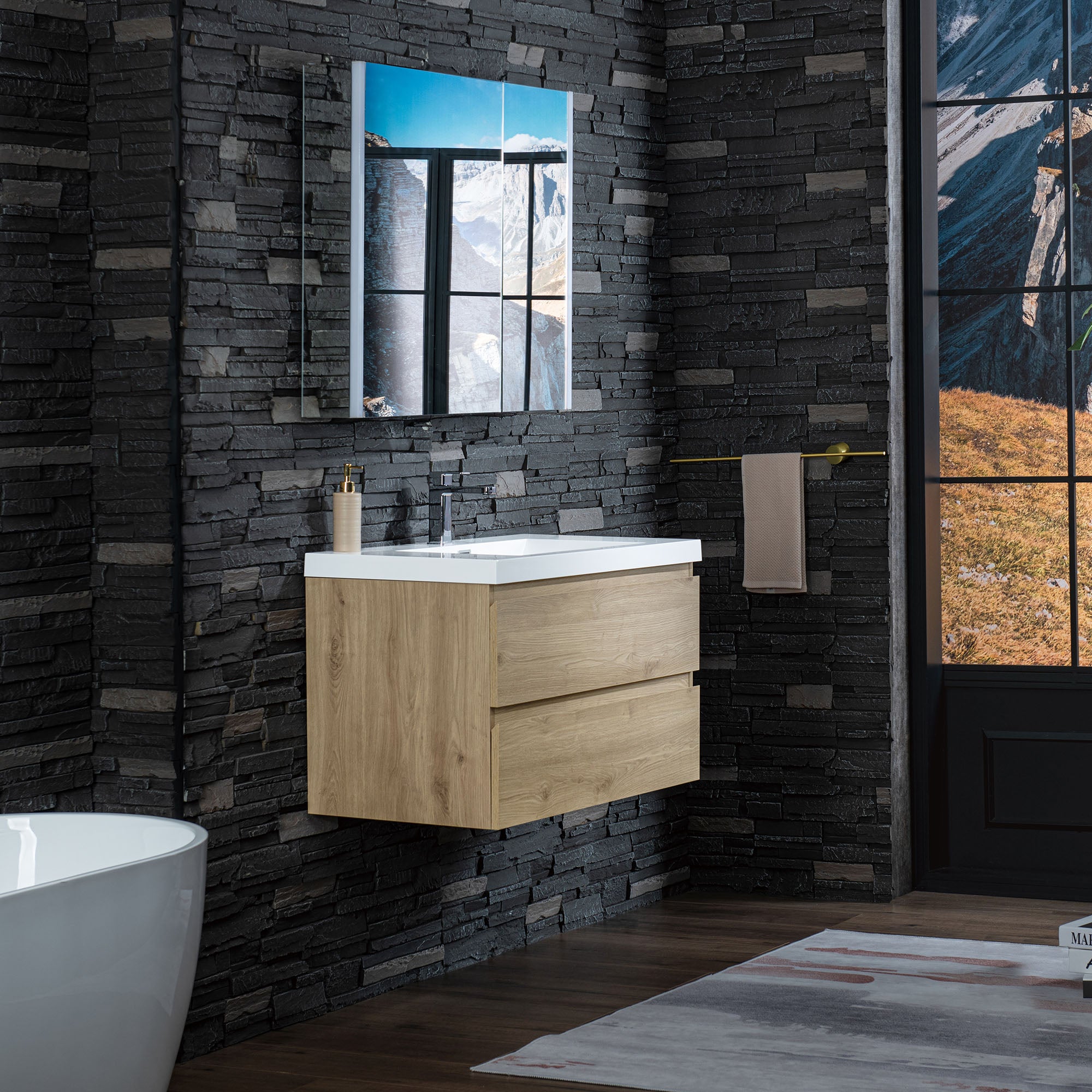 WOODBRIDGE 23-5/8 in. W x 19-5/8 in. D Wall Mounted Floating Vanity in Natural Oak with Resin Composite Vanity Top in Glossy White