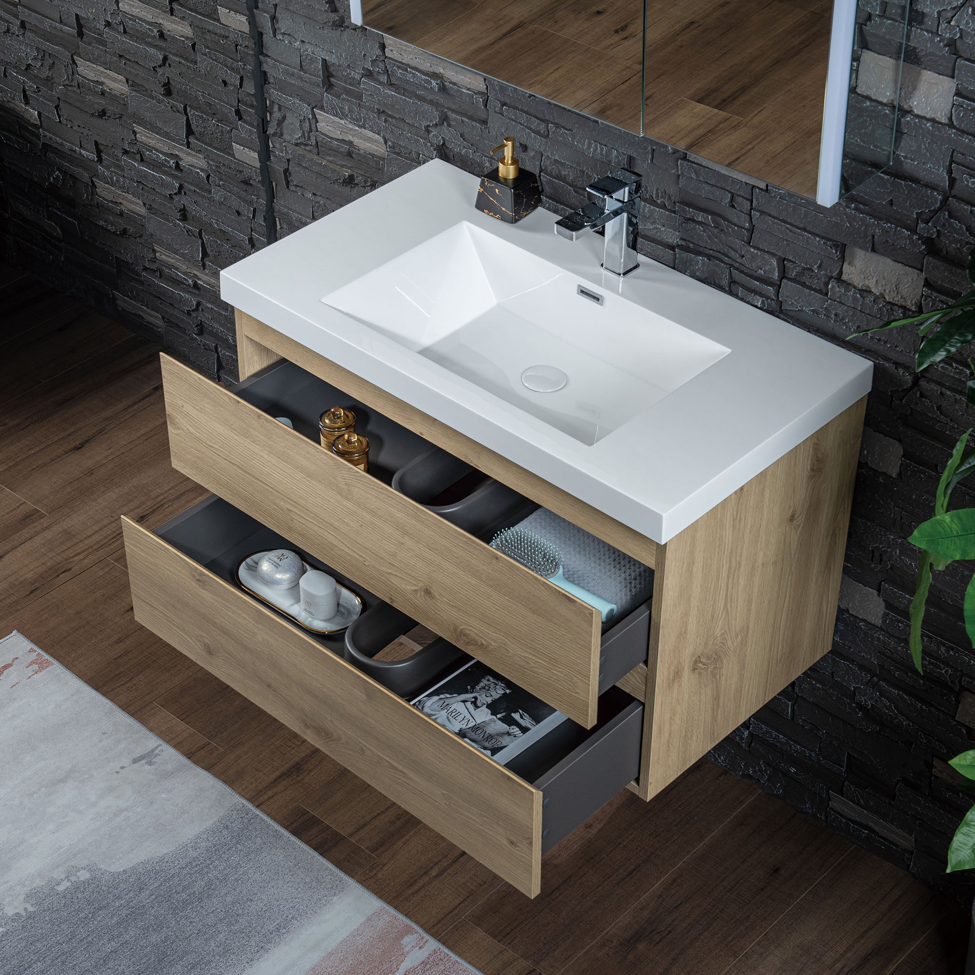 WOODBRIDGE 23-5/8 in. W x 19-5/8 in. D Wall Mounted Floating Vanity in Natural Oak with Resin Composite Vanity Top in Glossy White